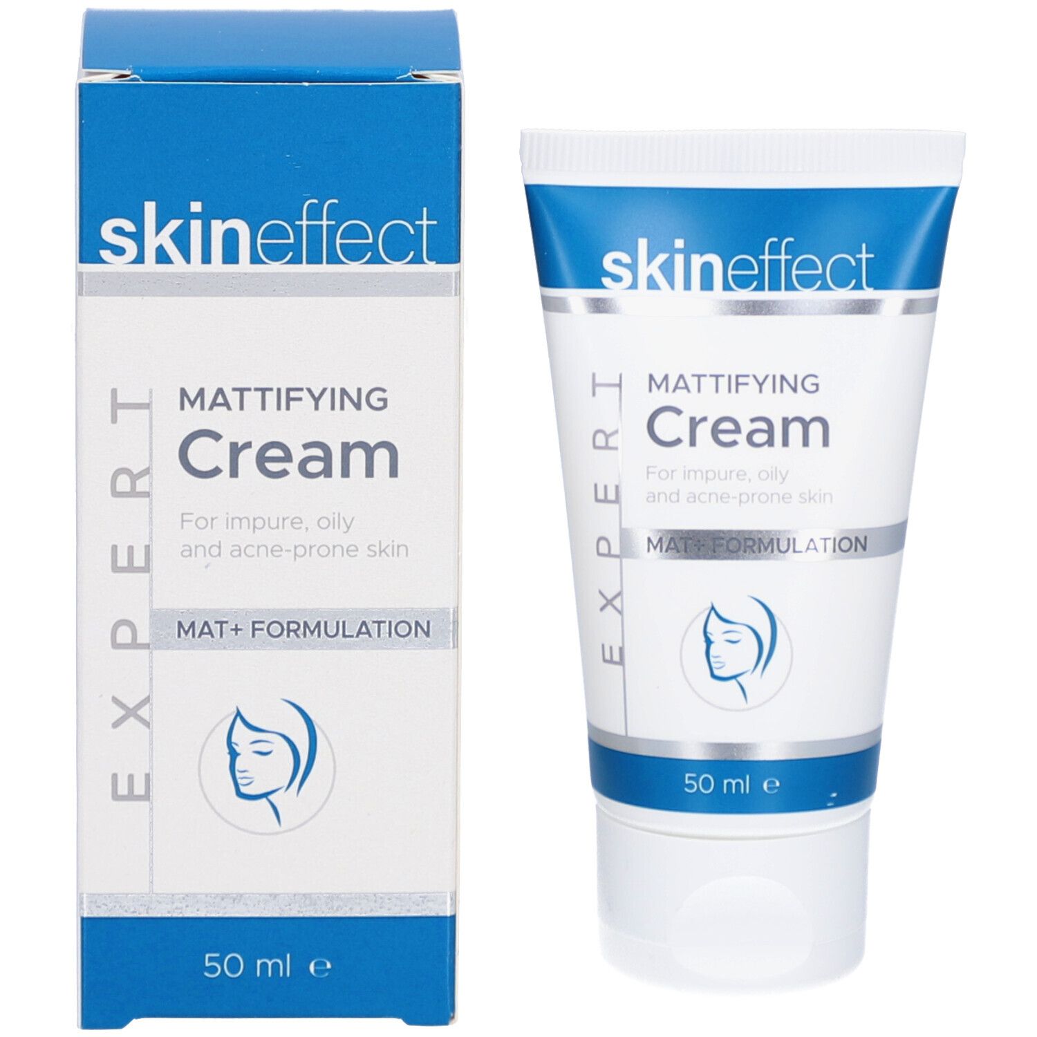 Emballage "skineffect Mattifying Cream". Tube et boîte côte à côte. 50 ml.