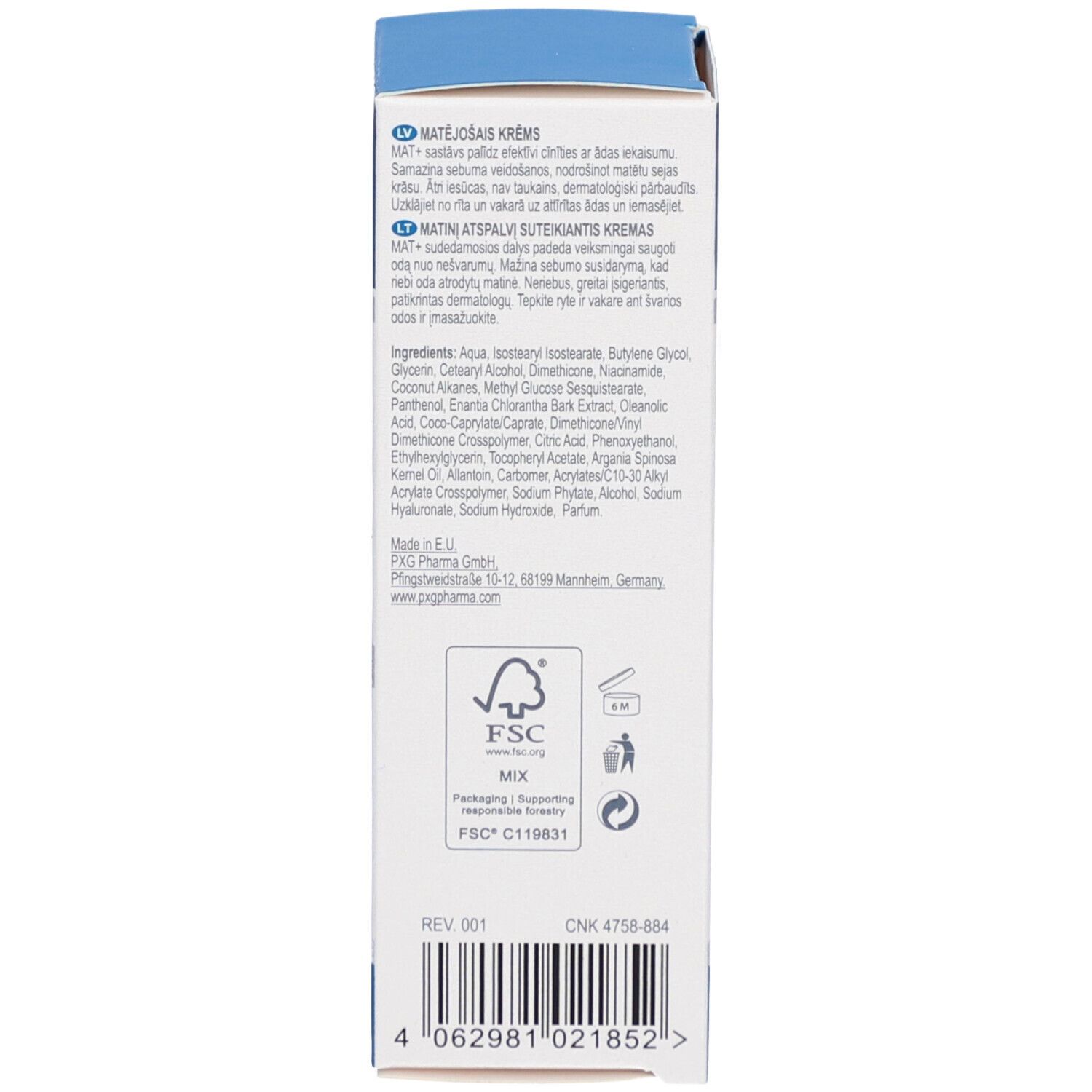 Dos de la boîte "Mattifying Cream". Ingrédients, informations fabricant et logo FSC.