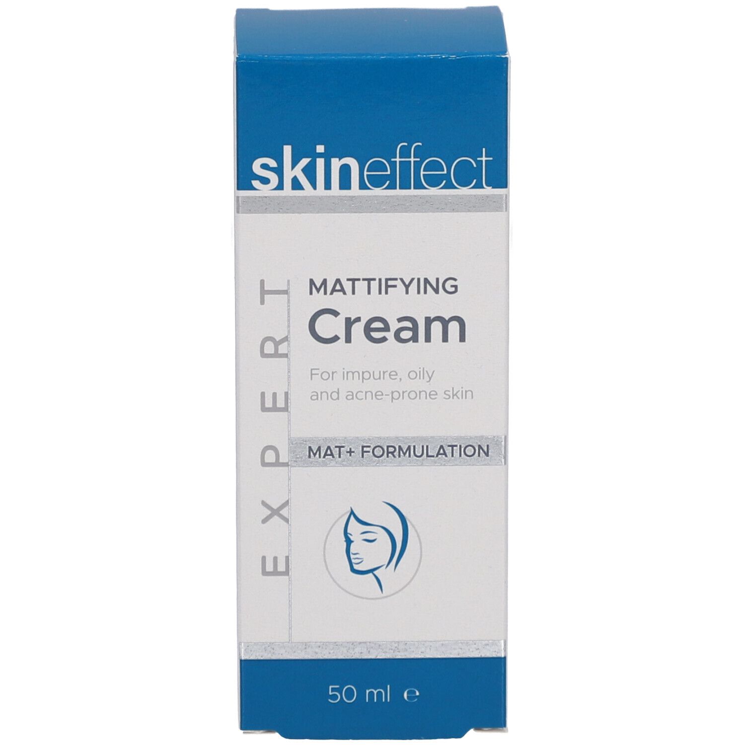 Boîte "skineffect Mattifying Cream". Boîte blanche, couvercle bleu, texte. 50 ml.