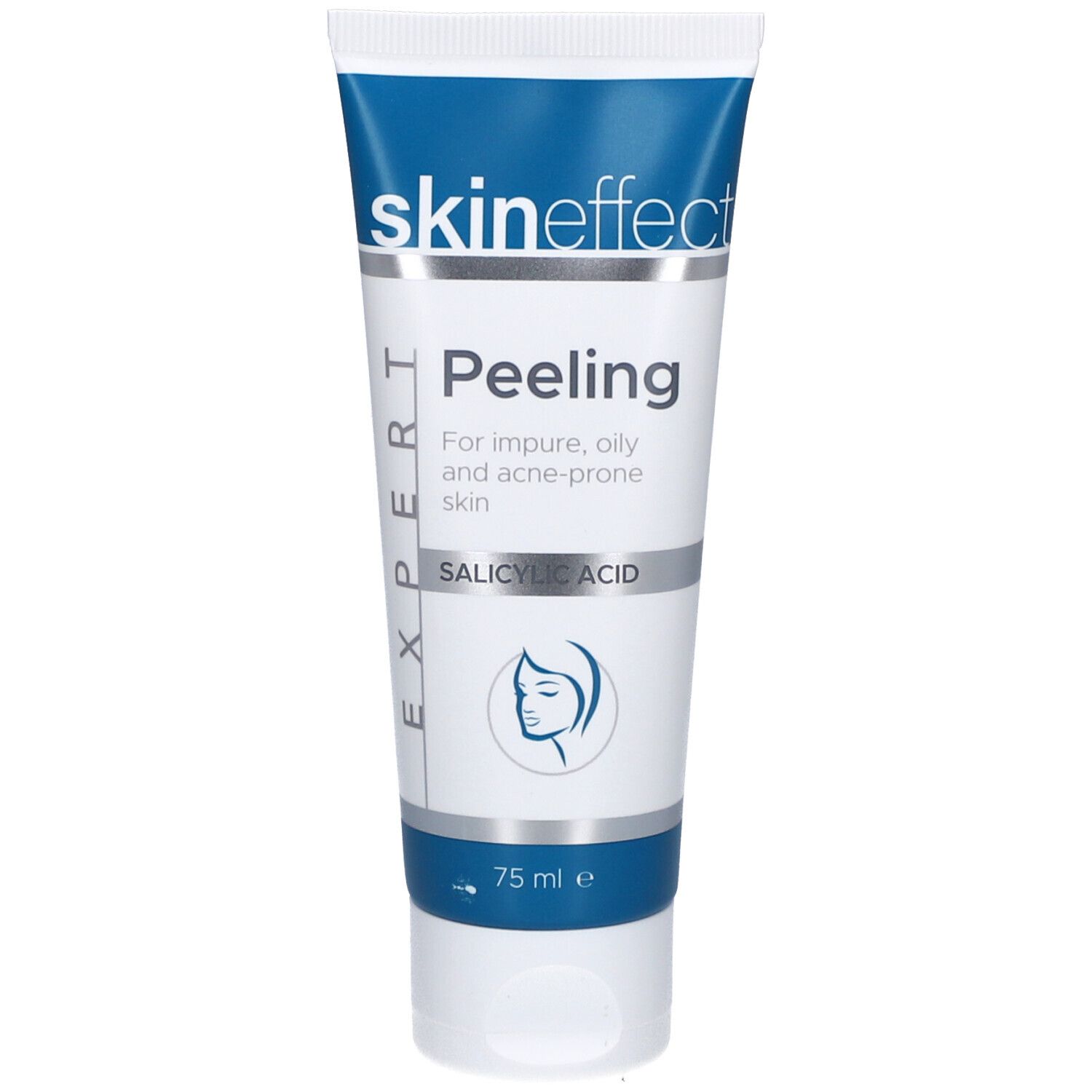 Tube Skineffect Peeling. Wit, blauw. Opschrift: Peeling, Salicylzuur. 75 ml.