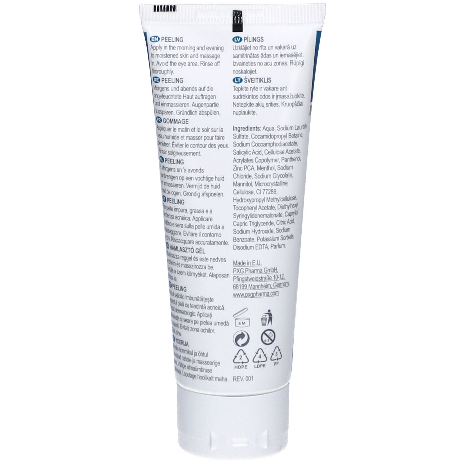 Achterkant van de tube met ingrediënten en instructies. Witte achtergrond.