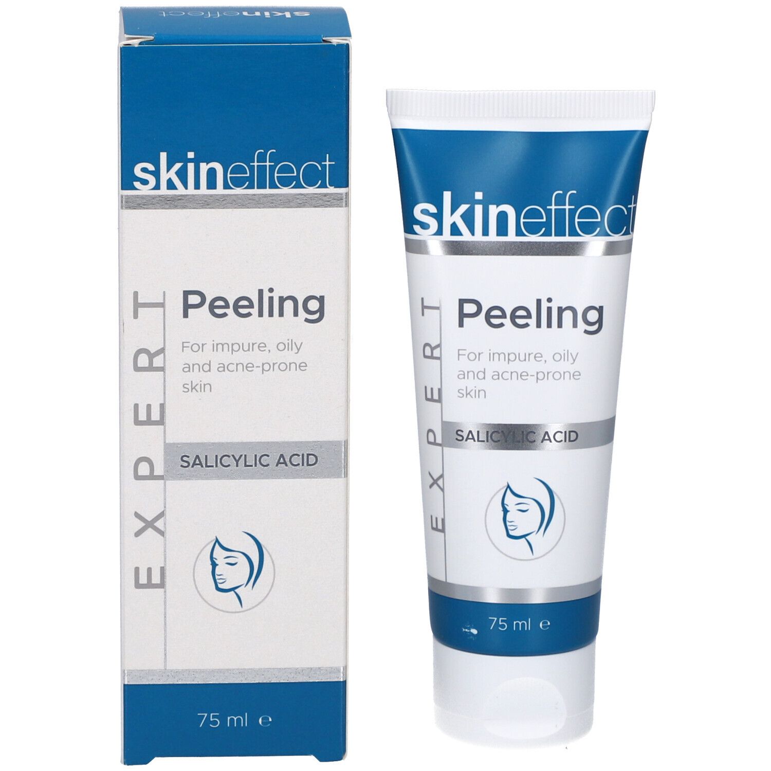 Tube en verpakking Skineffect Peeling. Wit, blauw. Opschrift: Peeling, Salicylzuur. 75 ml.