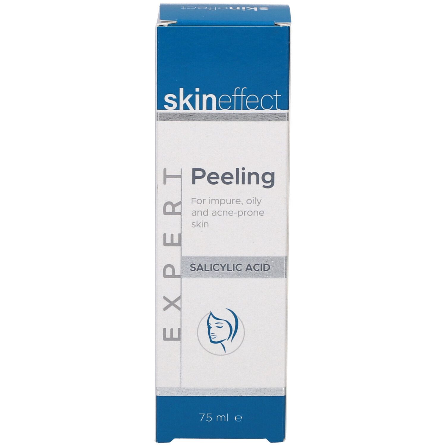 Verpakking Skineffect Peeling. Wit, blauw. Opschrift: Peeling, Salicylzuur. 75 ml.