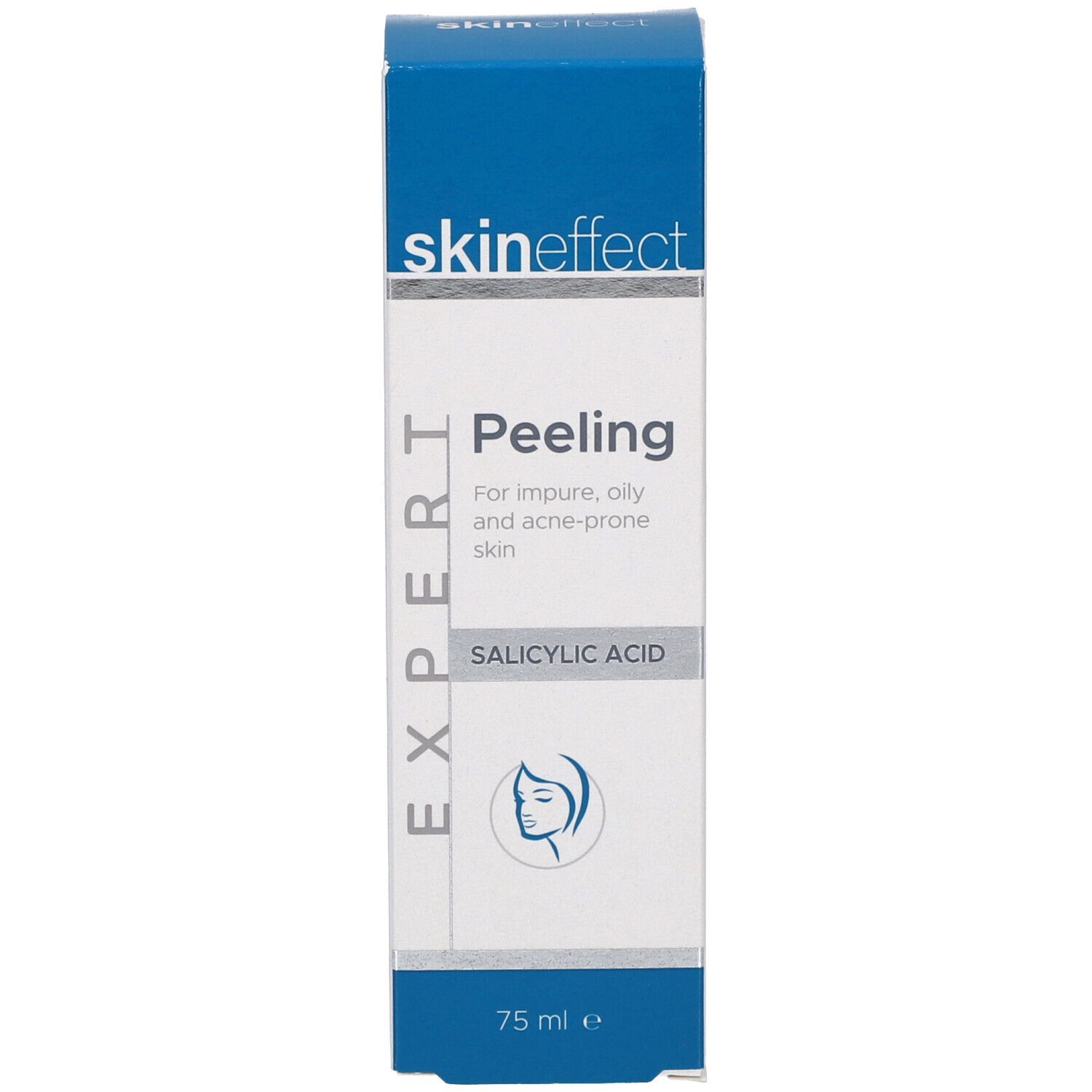Verpakking Skineffect Peeling. Wit, blauw. Opschrift: Peeling, Salicylzuur. 75 ml.