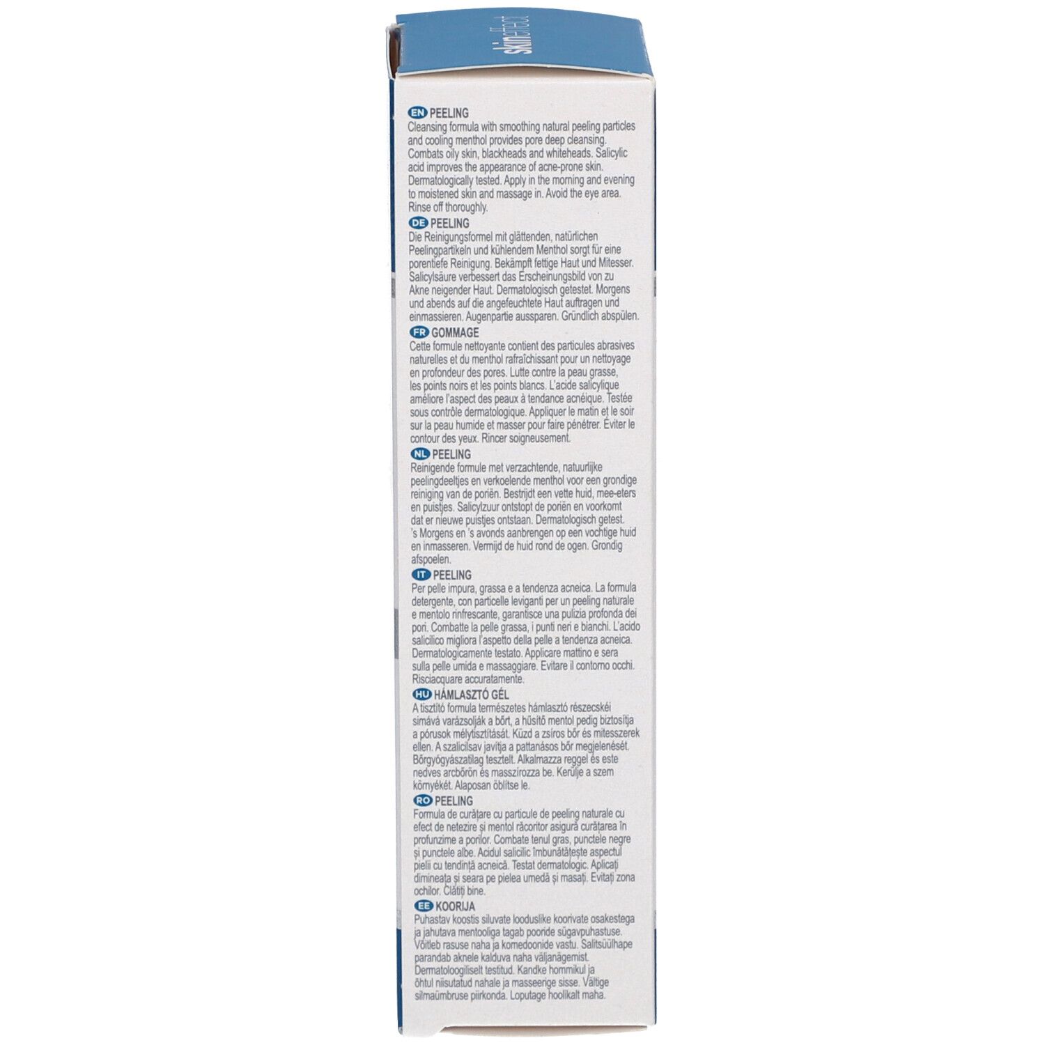 Zijkant van de verpakking met gebruiksaanwijzingen. Witte achtergrond.