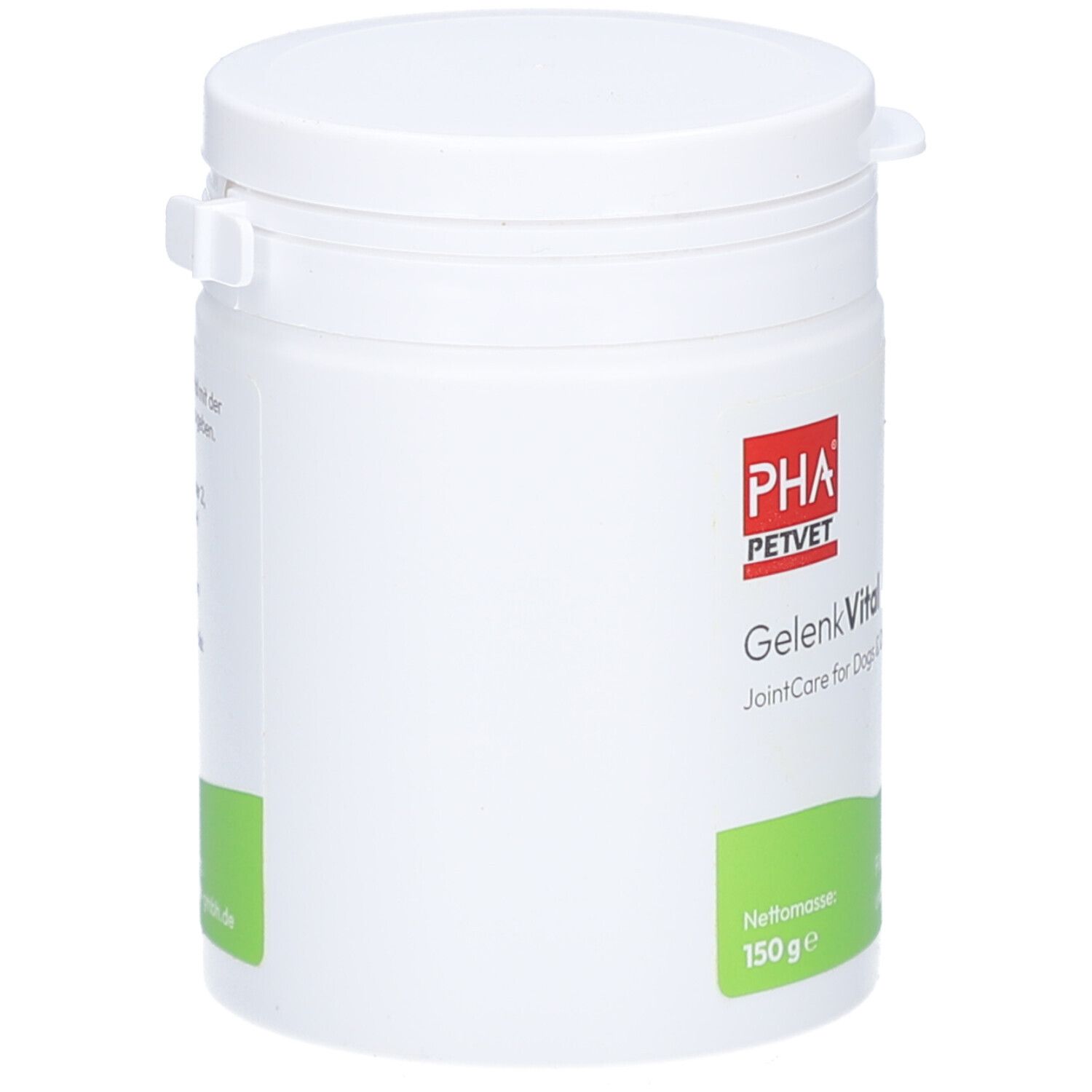 Boîte blanche avec couvercle. PHA PETVET GelenkVital. JointCare for Dogs. 150g. Étiquettes vertes et blanches.