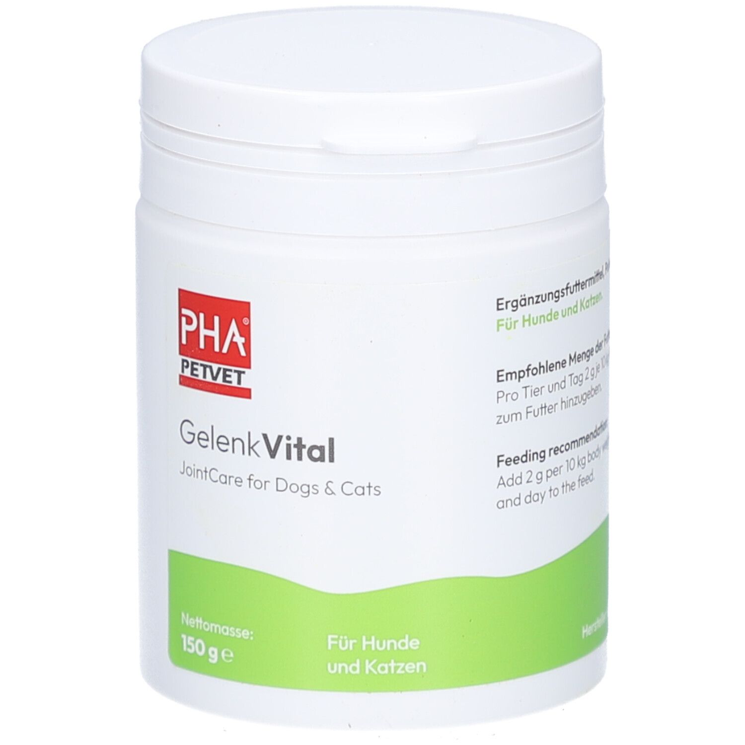 Boîte blanche avec couvercle. PHA PETVET GelenkVital. JointCare for Dogs & Cats. 150g. Étiquette verte.