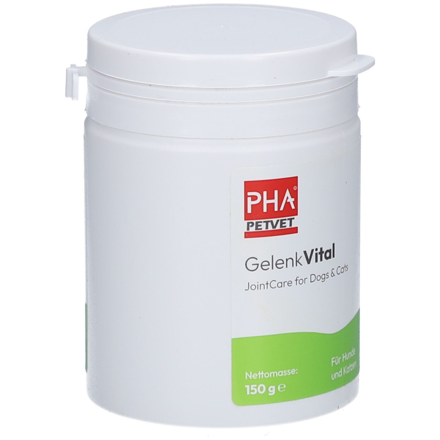 Boîte blanche avec couvercle. PHA PETVET GelenkVital. JointCare for Dogs & Cats. 150g. Étiquette verte.