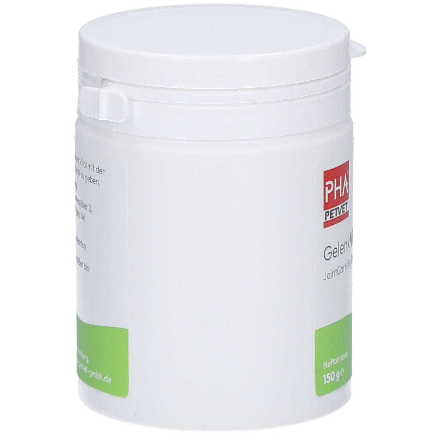 Boîte blanche avec couvercle. PHA PETVET GelenkVital. 150g. Étiquette verte. Texte en allemand.