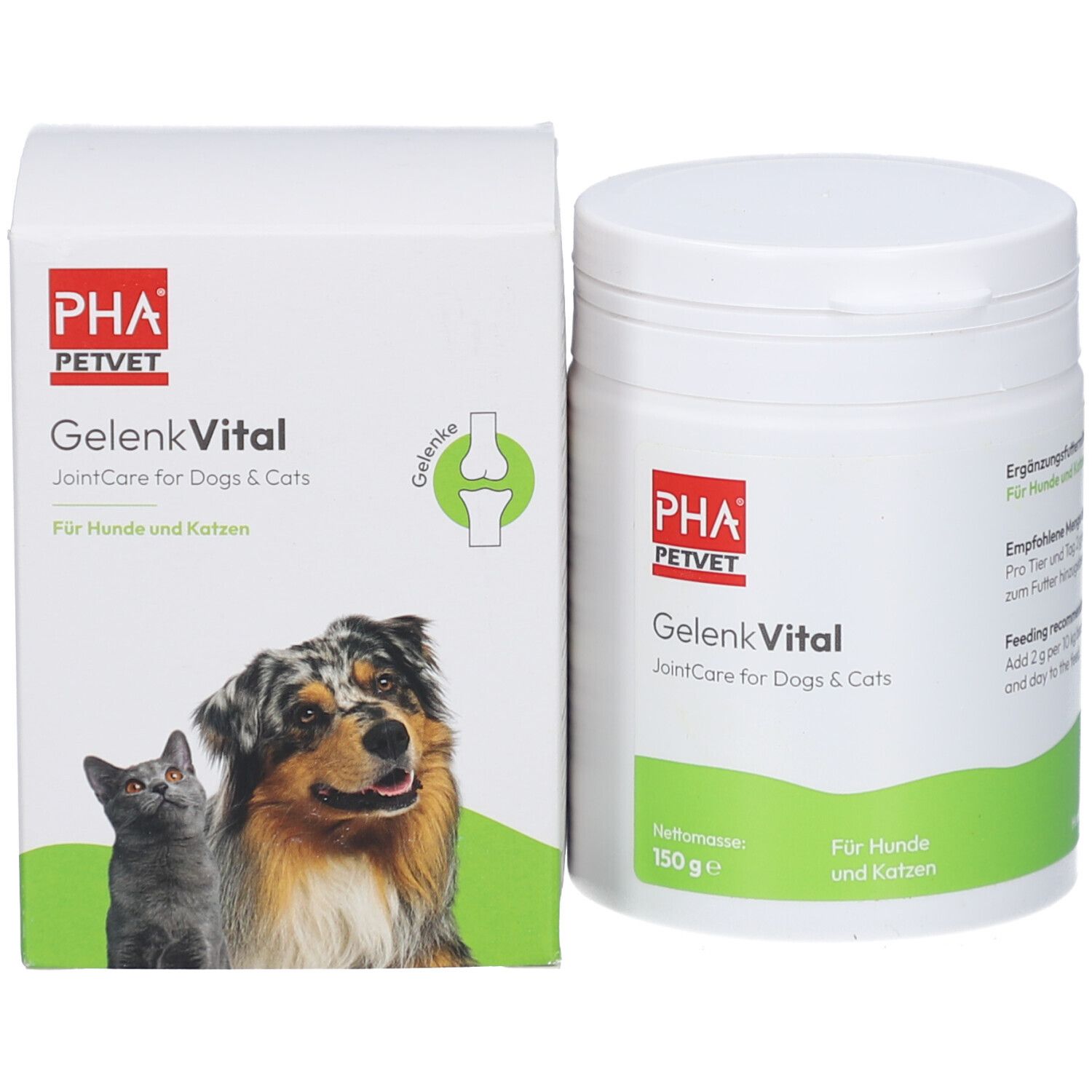 Emballage et boîte. PHA PETVET GelenkVital. JointCare for Dogs & Cats. 150g. Chiens et chats.