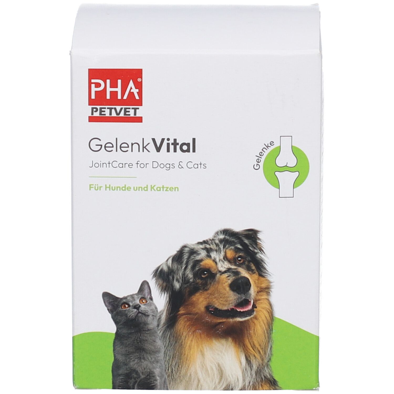 Emballage du produit. PHA PETVET GelenkVital. JointCare for Dogs & Cats. Chiens et chats. Image chien et chat.