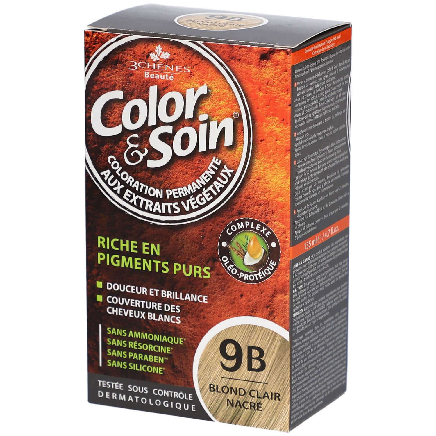 Verpakking van Color & Soin 9B Lichtblond Parelmoer haarverf. Bevat productinformatie en kleuraanduiding.