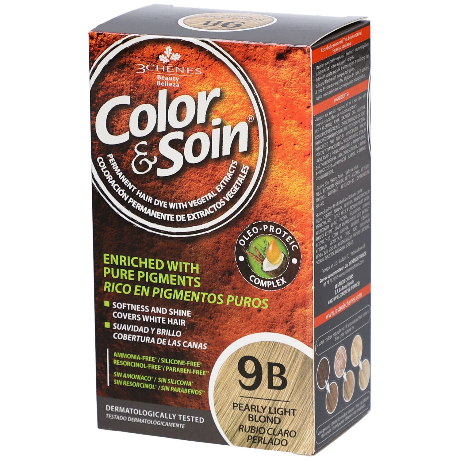 Verpakking van Color & Soin 9B Lichtblond Parelmoer haarverf. Bevat productinformatie en kleuraanduiding.