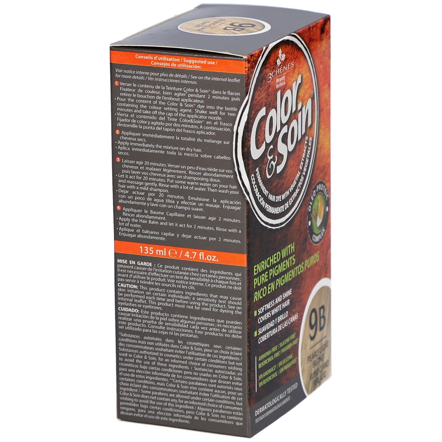 Verpakking van Color & Soin 9B haarverf. Bevat gebruiksaanwijzing en productinformatie.