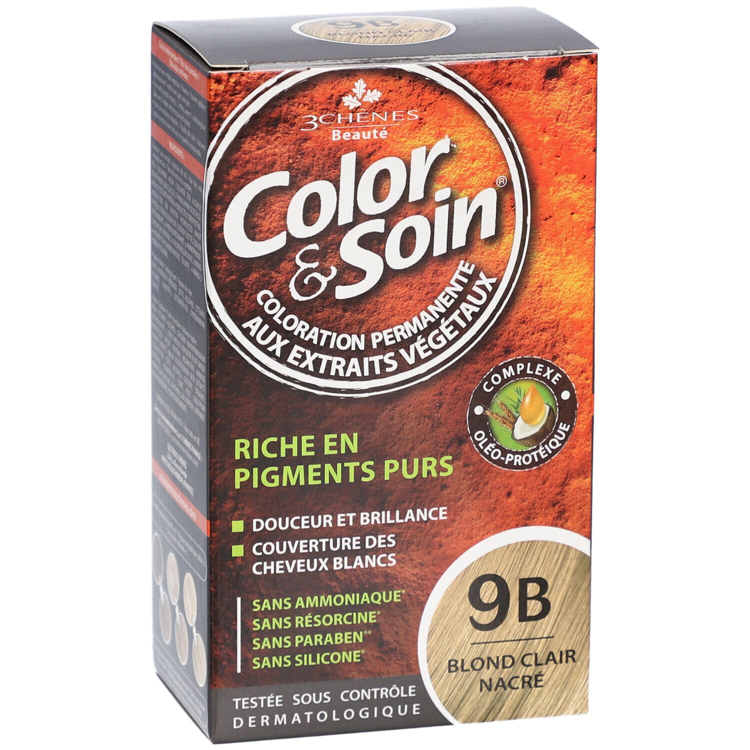 Verpakking van Color & Soin 9B Lichtblond Parelmoer haarverf. Bevat productinformatie en kleuraanduiding.