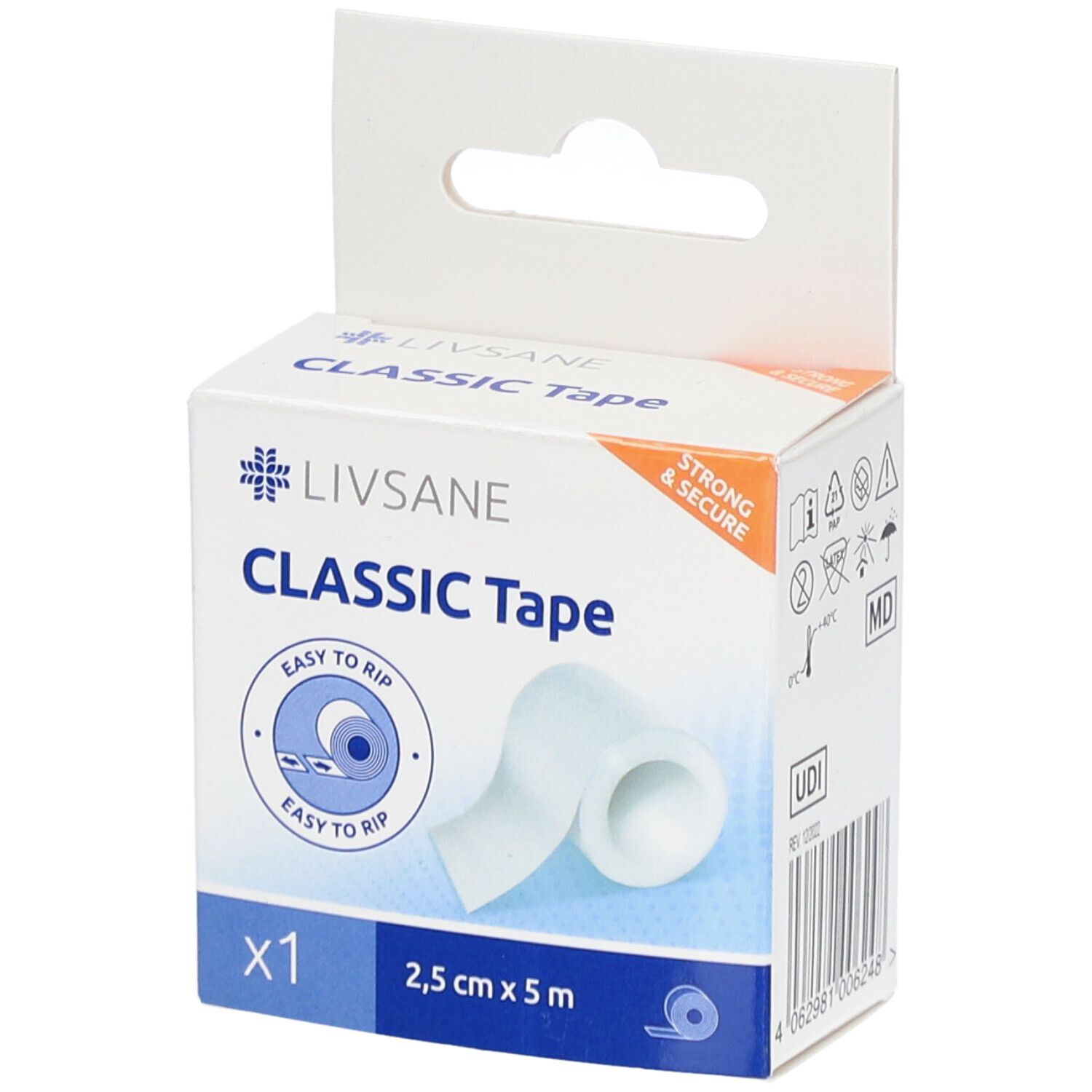 Verpakking van LIVSANE Classic Tape. Wit plakband, 2,5 cm x 5 m. Opschrift: Classic Tape, x1, Easy to rip.
