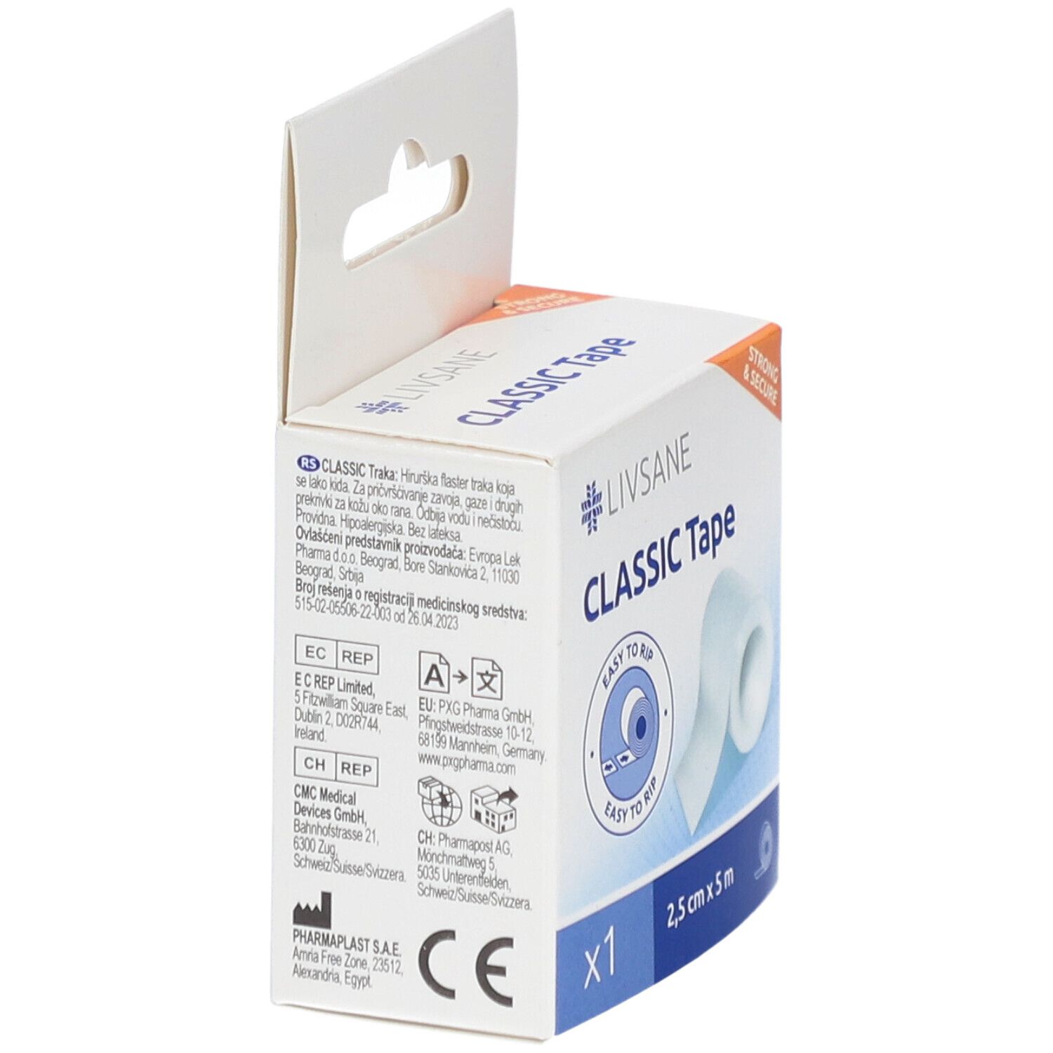 Zijkant van de verpakking LIVSANE Classic Tape. Tekst zichtbaar. Opschrift: Classic Tape, x1, 2,5 cm x 5 m. CE-markering.
