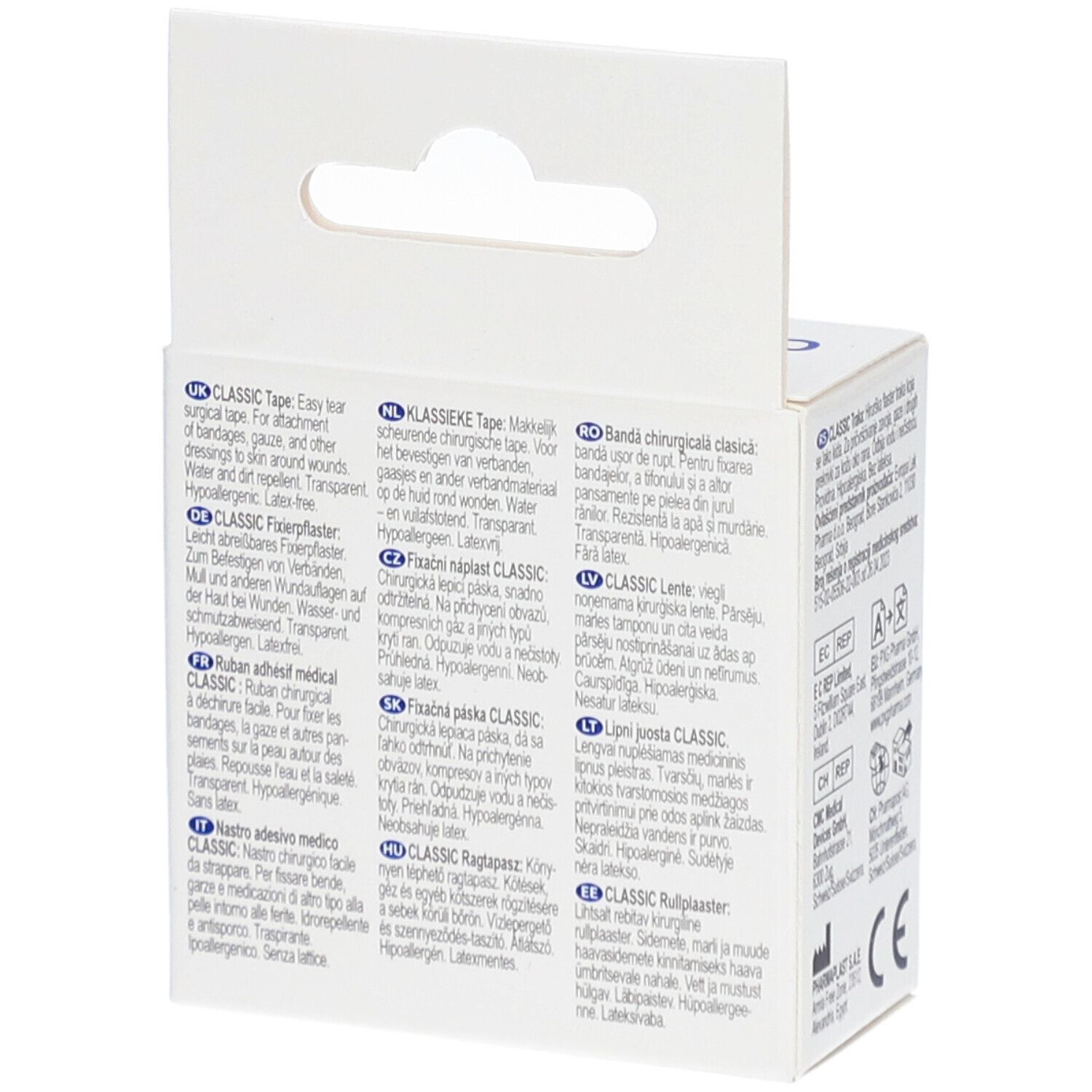 Achterkant van de verpakking LIVSANE Classic Tape. Meertalige tekst. CE-markering. UDI-code.