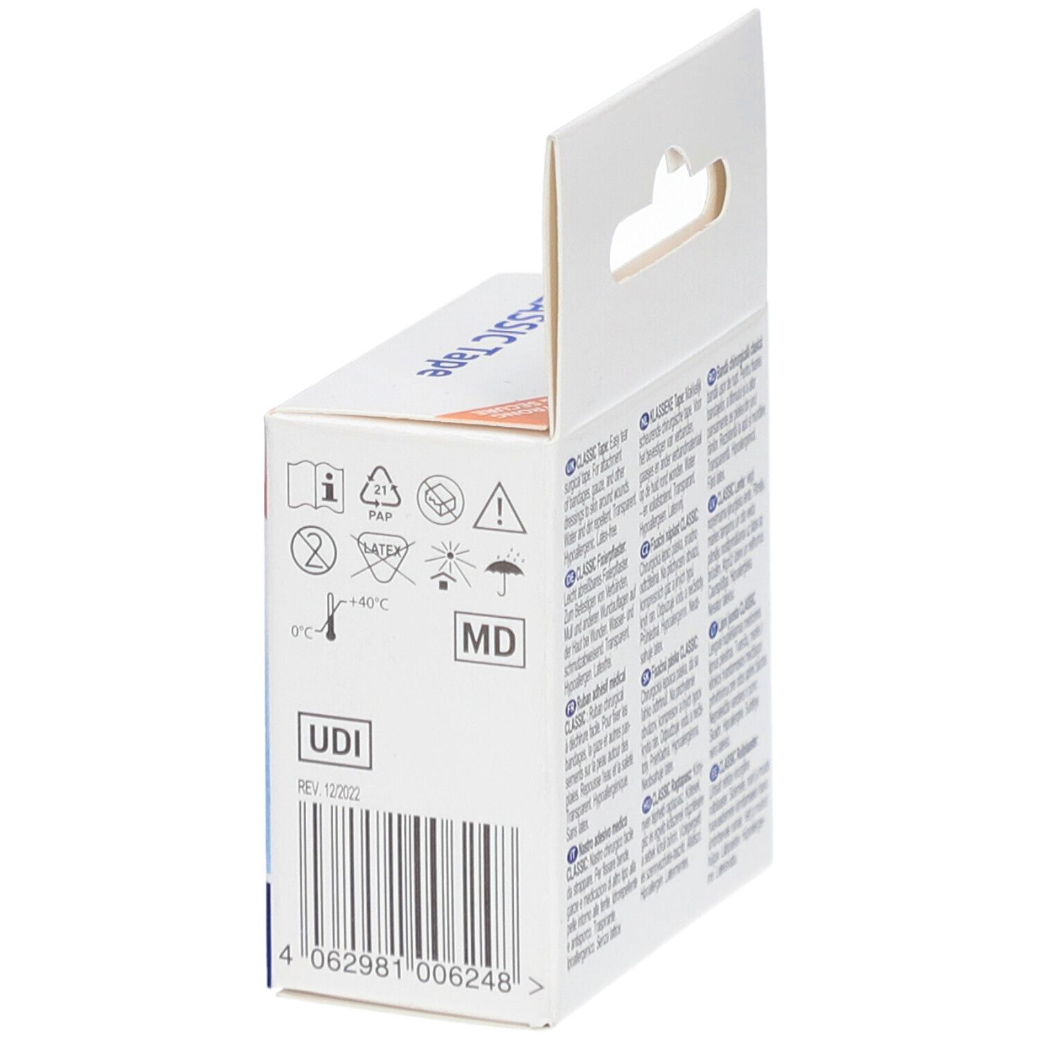 Achterkant van de verpakking LIVSANE Classic Tape. Pictogrammen en tekst. UDI-code. CE-markering.