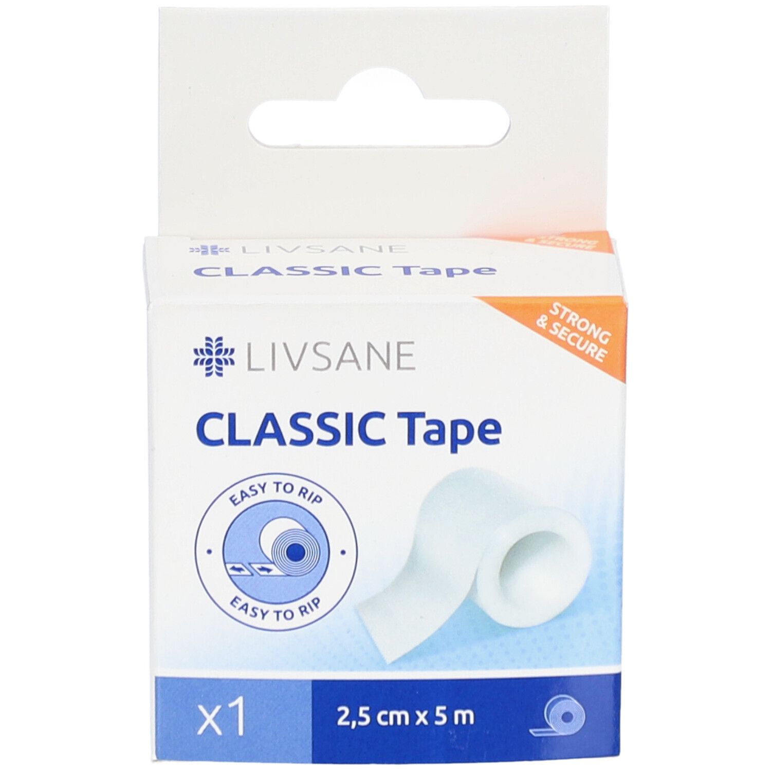 Verpakking van LIVSANE Classic Tape. Wit plakband, 2,5 cm x 5 m. Opschrift: Classic Tape, x1, Easy to rip.