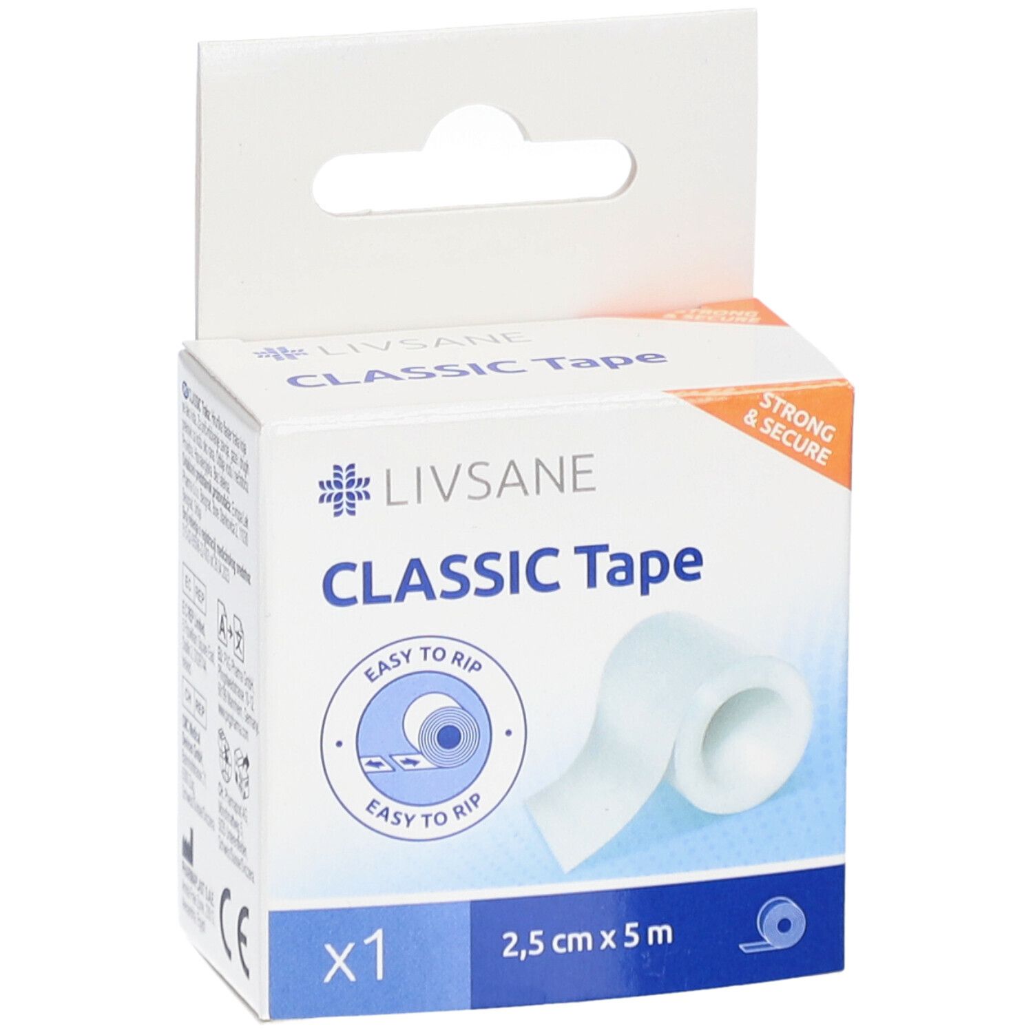Verpakking van LIVSANE Classic Tape. Wit plakband, 2,5 cm x 5 m. Opschrift: Classic Tape, x1, Easy to rip.