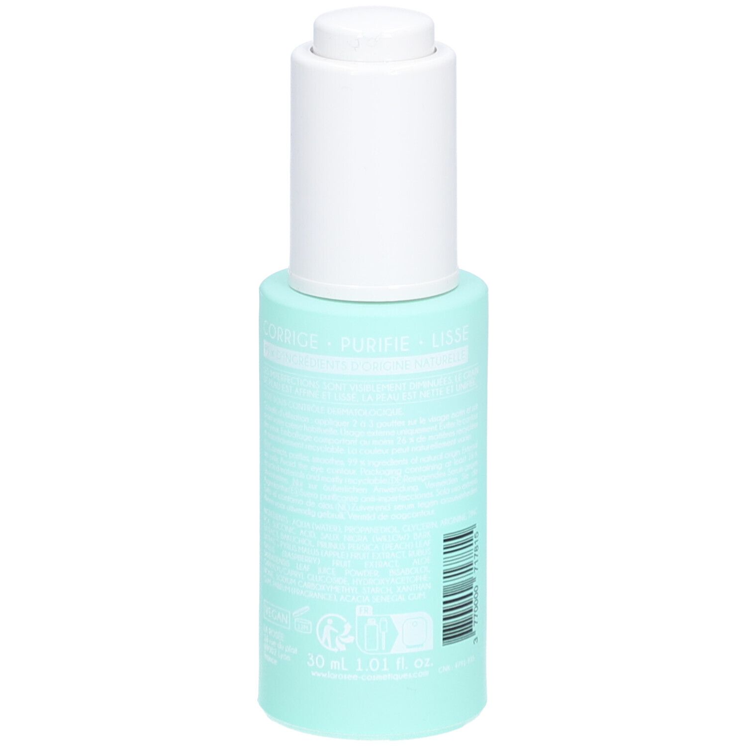 Flacon turquoise avec pompe blanche. Texte et code-barres au dos. Volume: 30 ml.