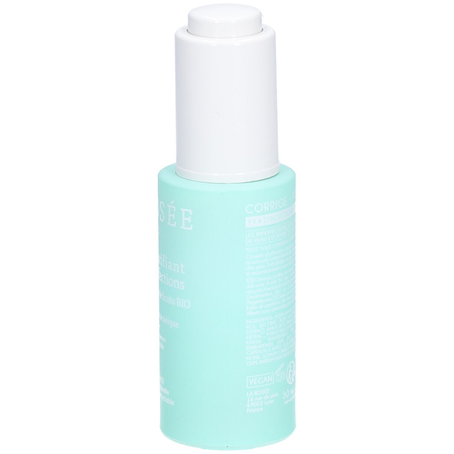 Flacon turquoise avec pompe blanche. Texte au dos. Nom du produit: La Rosée Paris, Sérum purifiant anti-imperfections.