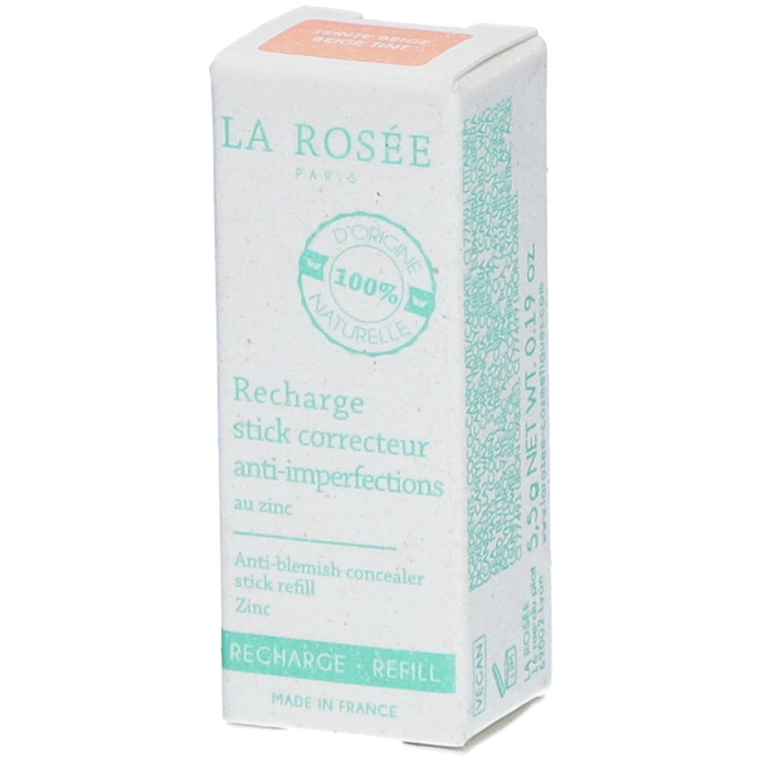 La Rosée Recharge stick correcteur anti-imperfections. Witte verpakking met tekst en logo. Ingrediënten en informatie.