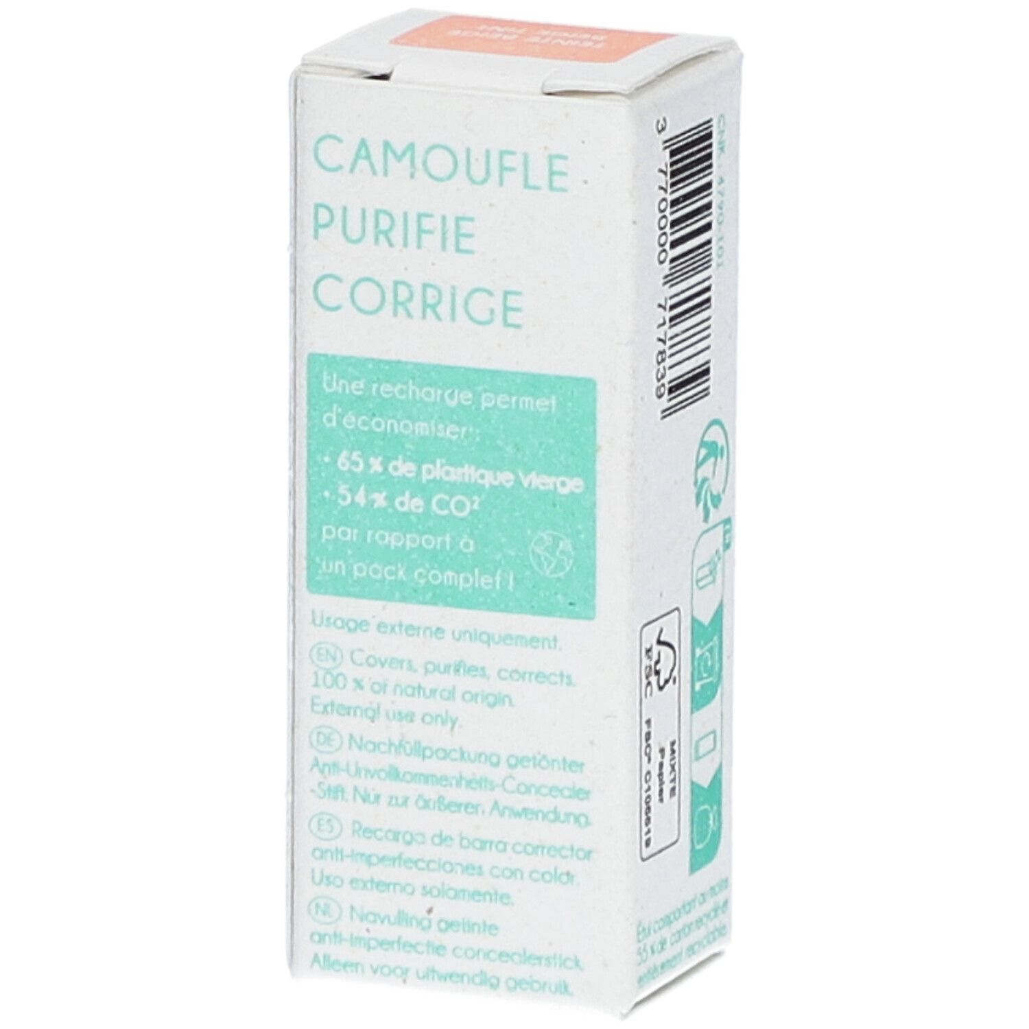 Verpakking voor correctiestift navulling. Tekst: Camoufle, Purifie, Corrige. Informatie over plastic- en CO2-reductie.