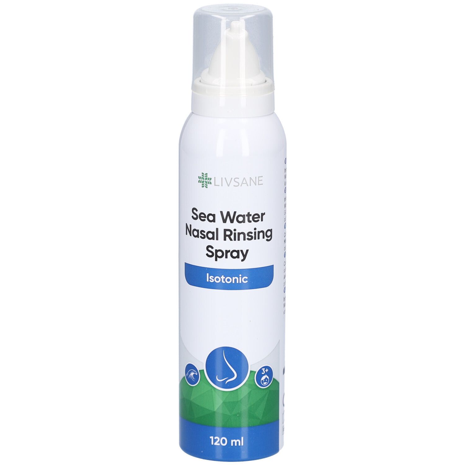 Spray nasal LIVSANE blanc. Inscription : Sea Water Nasal Rinsing Spray, Isotonic. Contenance : 120 ml.