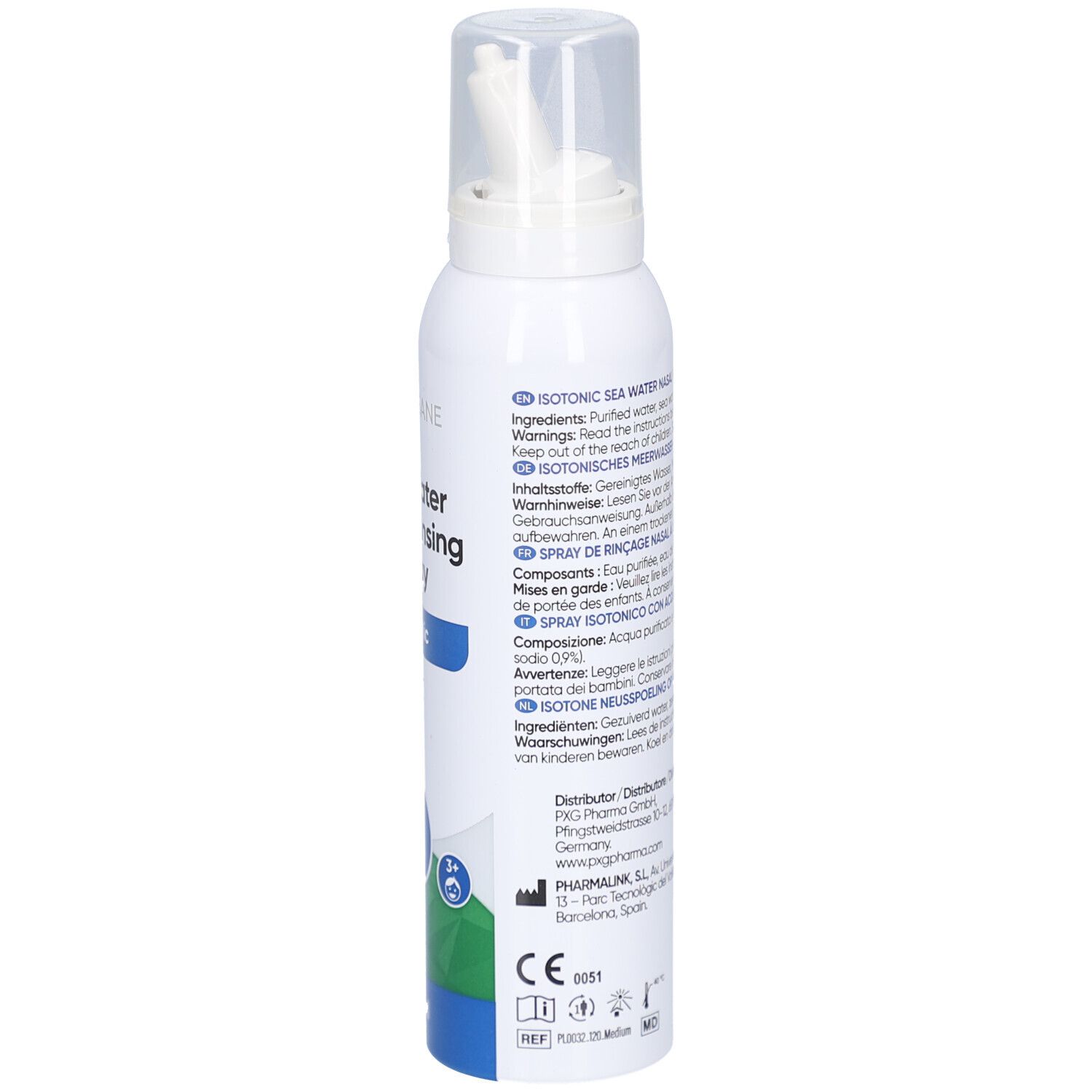 Spray nasal blanc avec texte. Inscription : Sea Water Nasal Rinsing Spray, Isotonic. Informations multilingues.
