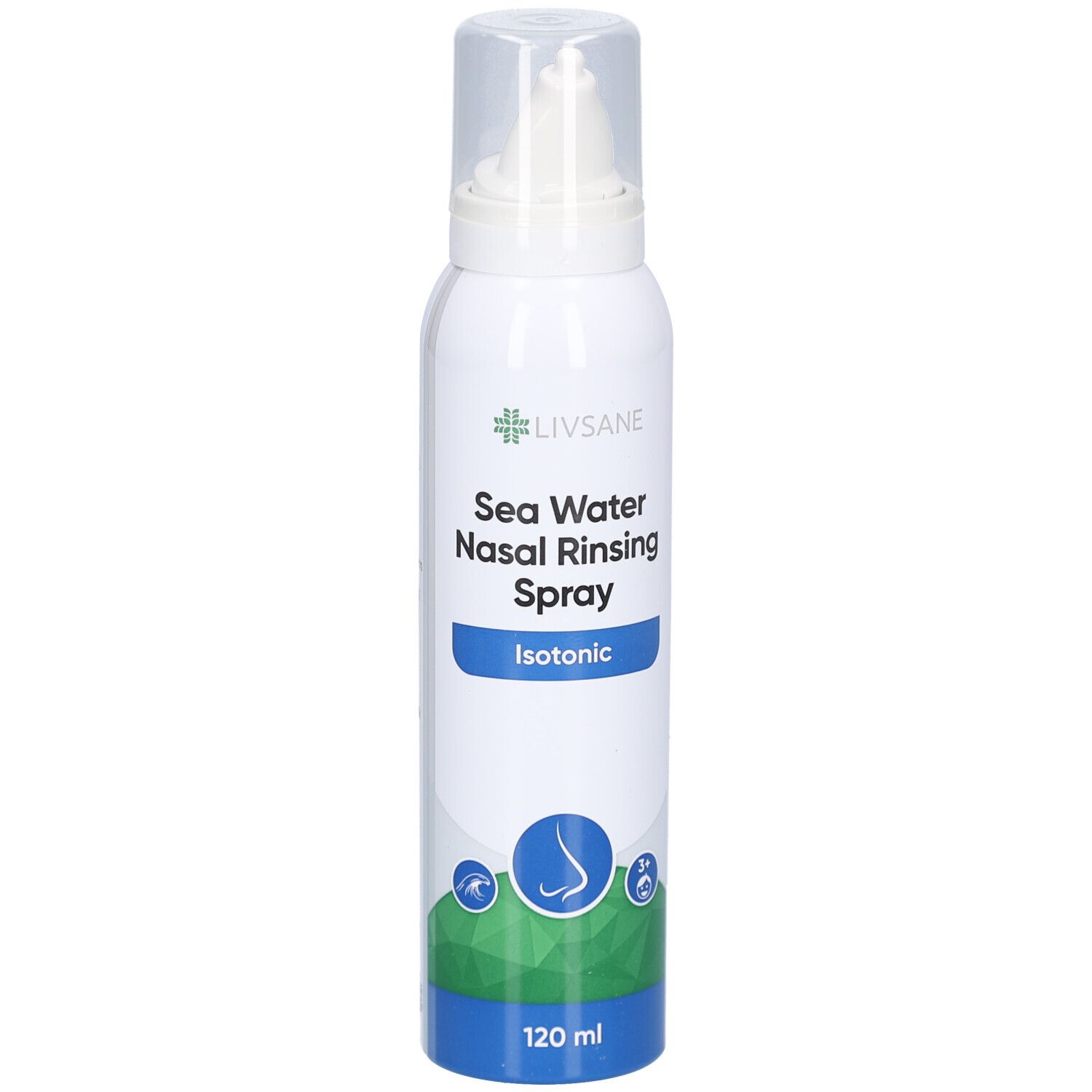 Spray nasal LIVSANE blanc. Inscription : Sea Water Nasal Rinsing Spray, Isotonic. Contenance : 120 ml.