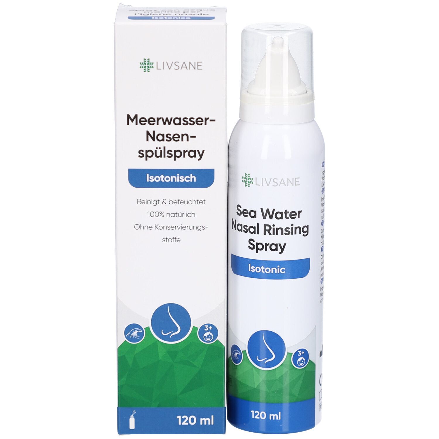 Spray nasal LIVSANE et emballage. Inscription : Meerwasser-Nasenspülspray, Isotonisch. Contenance : 120 ml.
