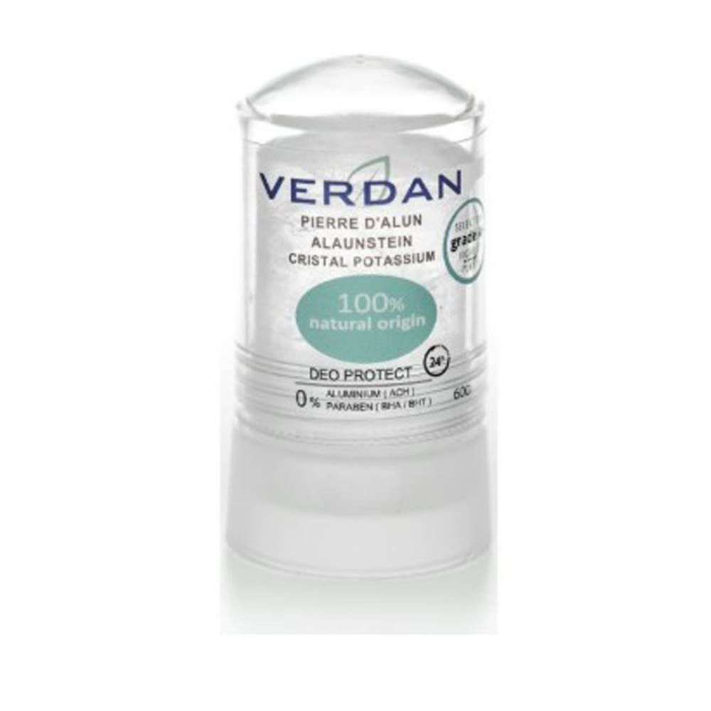 Deodorant stick met transparante deksel. Opschrift: VERDAN, Pierre d'Alun, 100% natuurlijke oorsprong, Deo Protect.