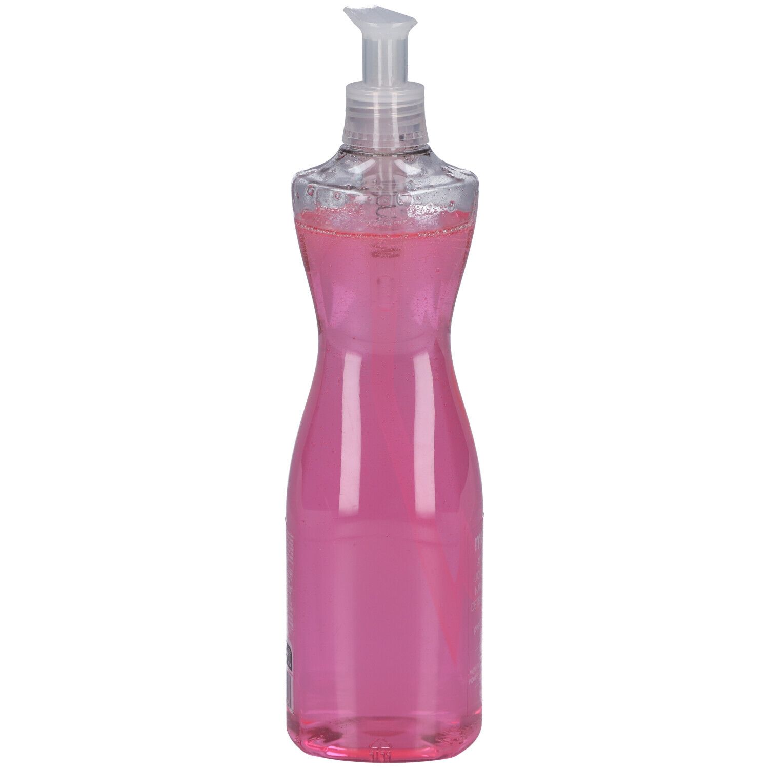 Fles roze afwasmiddel, transparante dispenser.