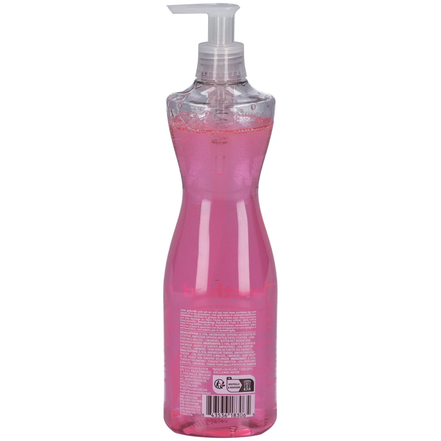 Achterkant van de afwasmiddelfles. Roze vloeistof, transparante dispenser. Tekst en barcode.