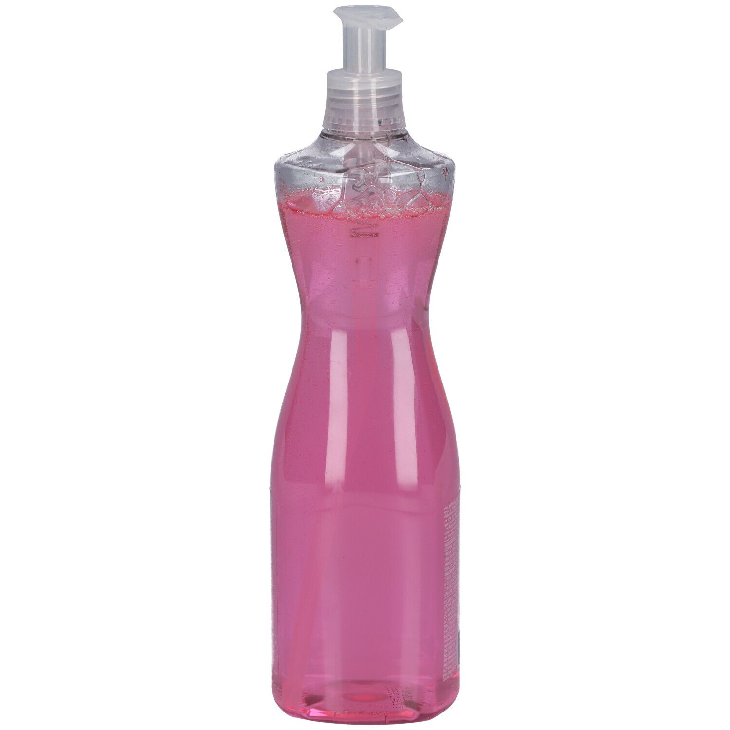 Fles roze afwasmiddel, transparante dispenser.