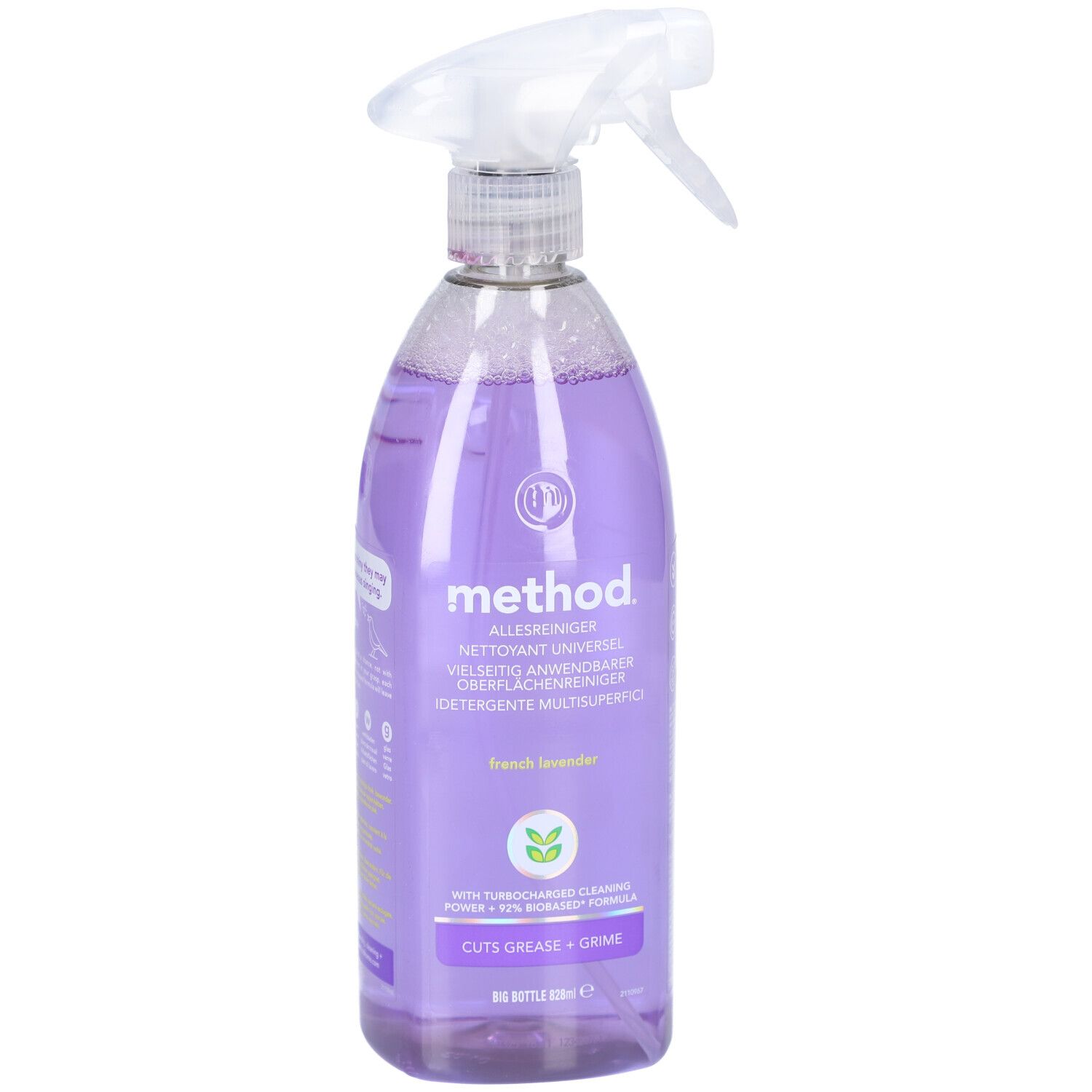 Spuitfles gevuld met paarse vloeistof. Opschrift: method Allesreiniger, French Lavender. Verwijdert vet en vuil.