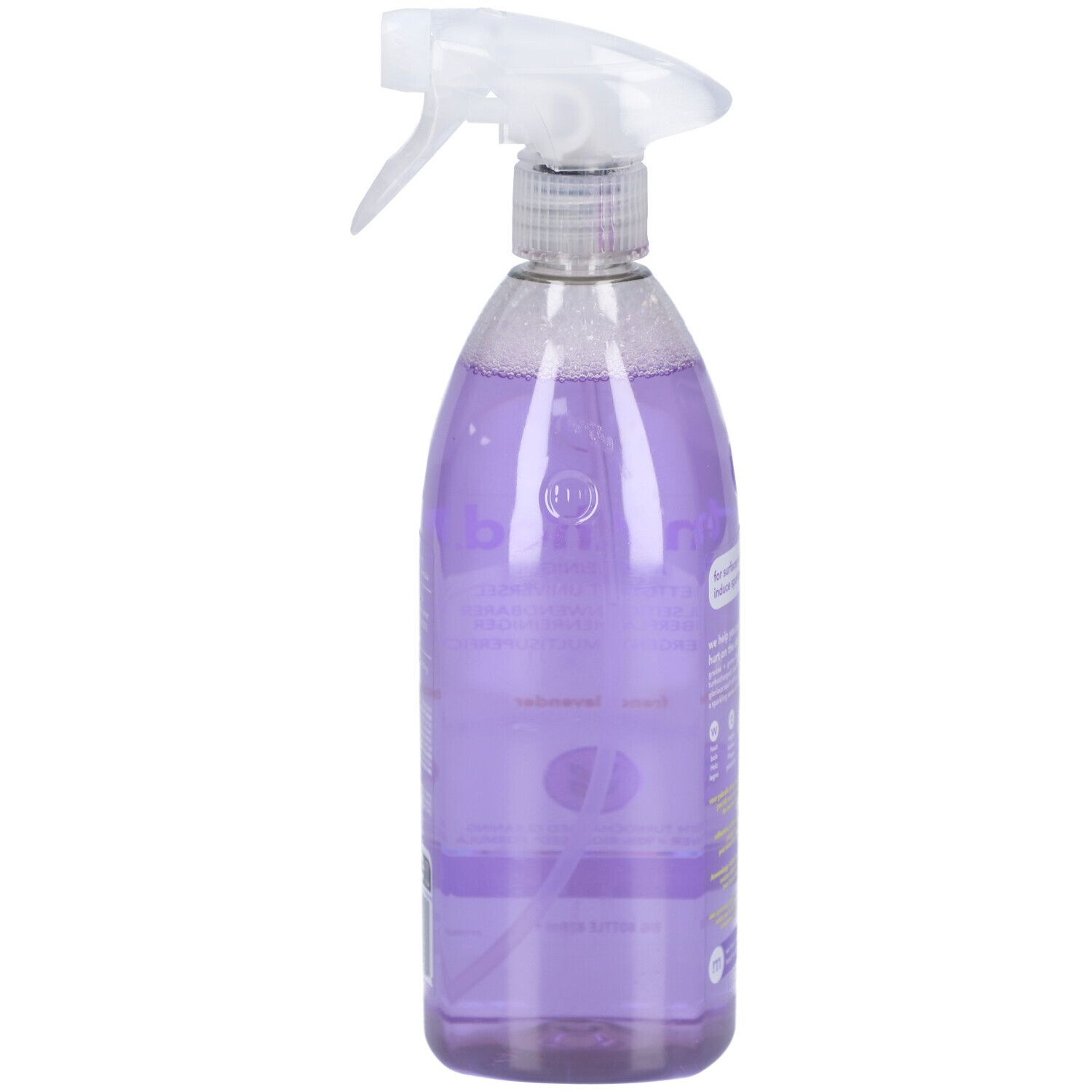 Spuitfles gevuld met paarse vloeistof. Opschrift: method Allesreiniger, French Lavender. Verwijdert vet en vuil.