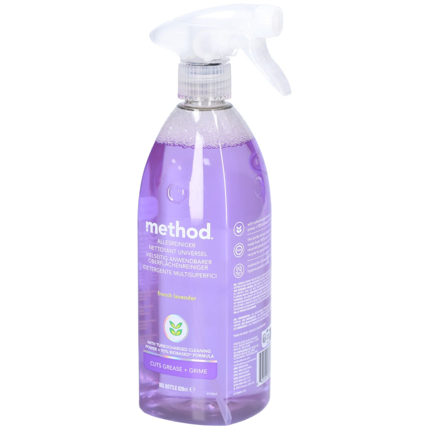 Spuitfles gevuld met paarse vloeistof. Opschrift: method Allesreiniger, French Lavender. Verwijdert vet en vuil.