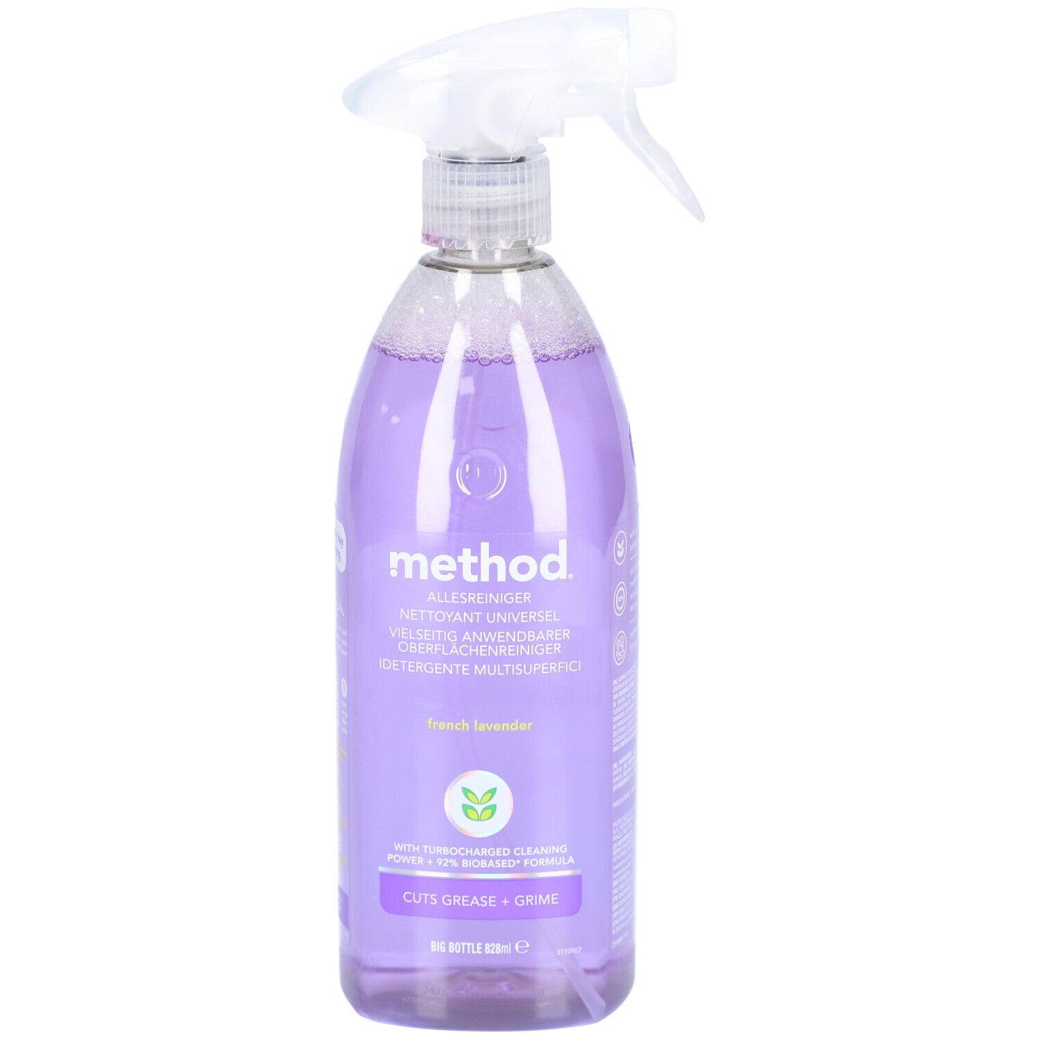 Spuitfles gevuld met paarse vloeistof. Opschrift: method Allesreiniger, French Lavender. Verwijdert vet en vuil.