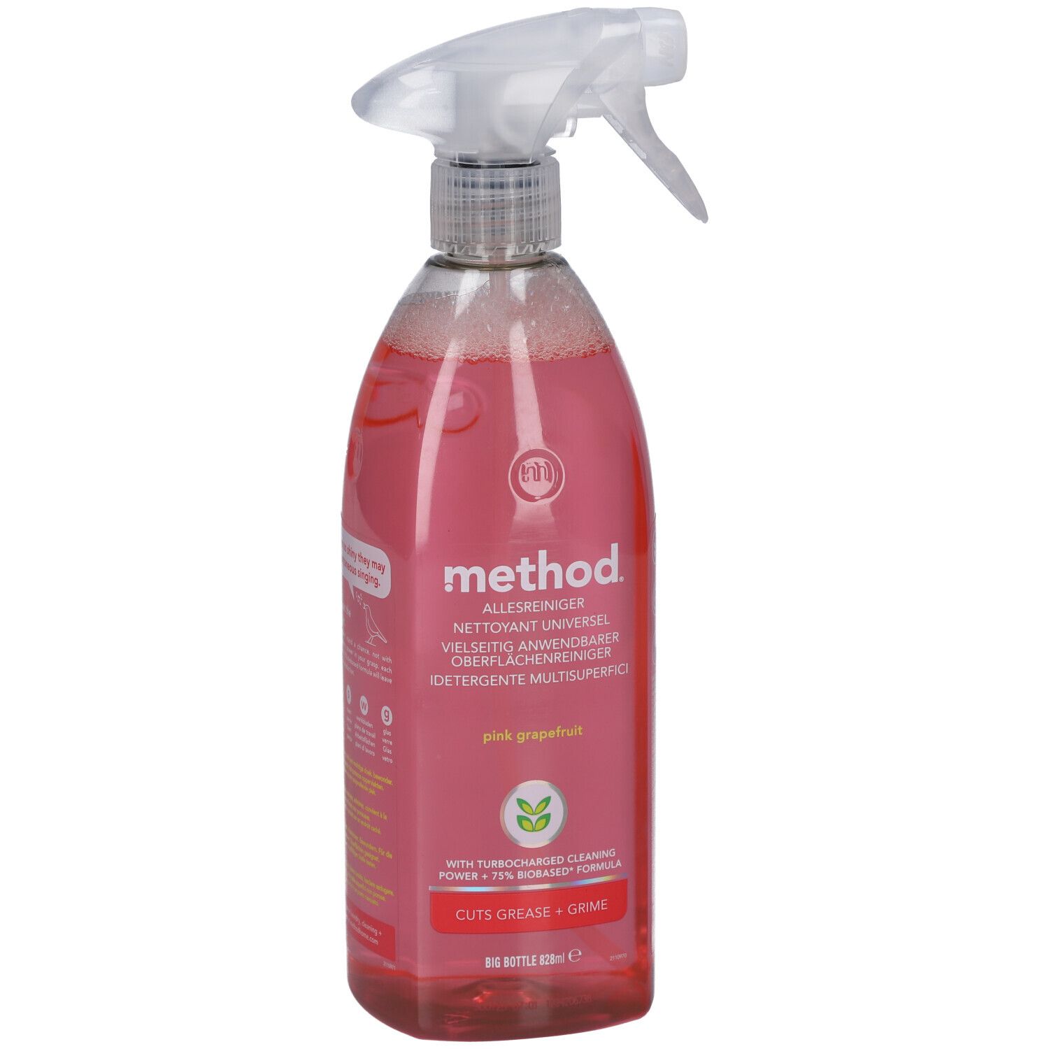 Roze sprayreiniger met sproeikop. Opschrift: method, Pink Grapefruit. Fles gevuld met vloeistof.