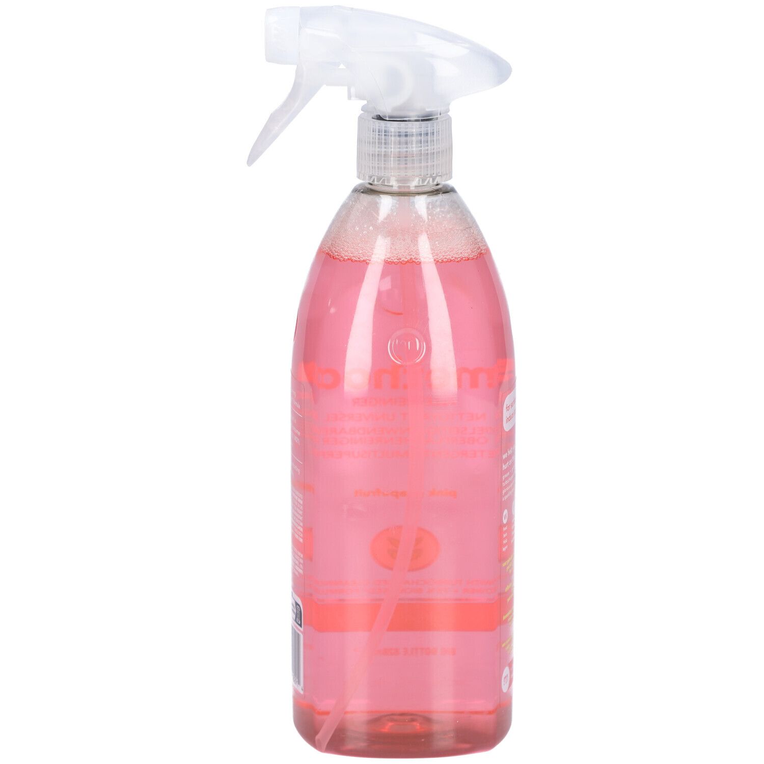 Roze sprayreiniger met sproeikop. Opschrift: method, Pink Grapefruit. Fles gevuld met vloeistof.