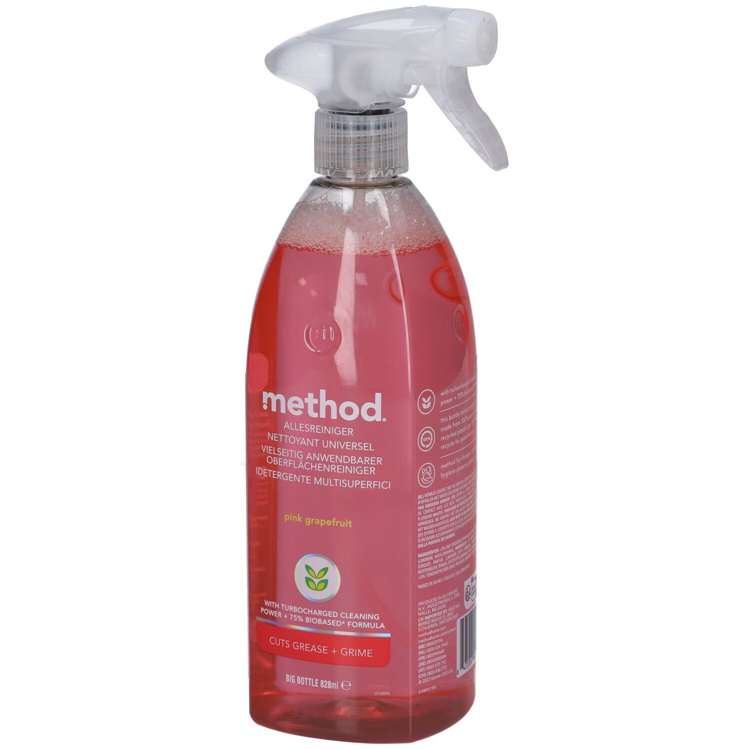 Roze sprayreiniger met sproeikop. Opschrift: method, Pink Grapefruit. Fles gevuld met vloeistof.