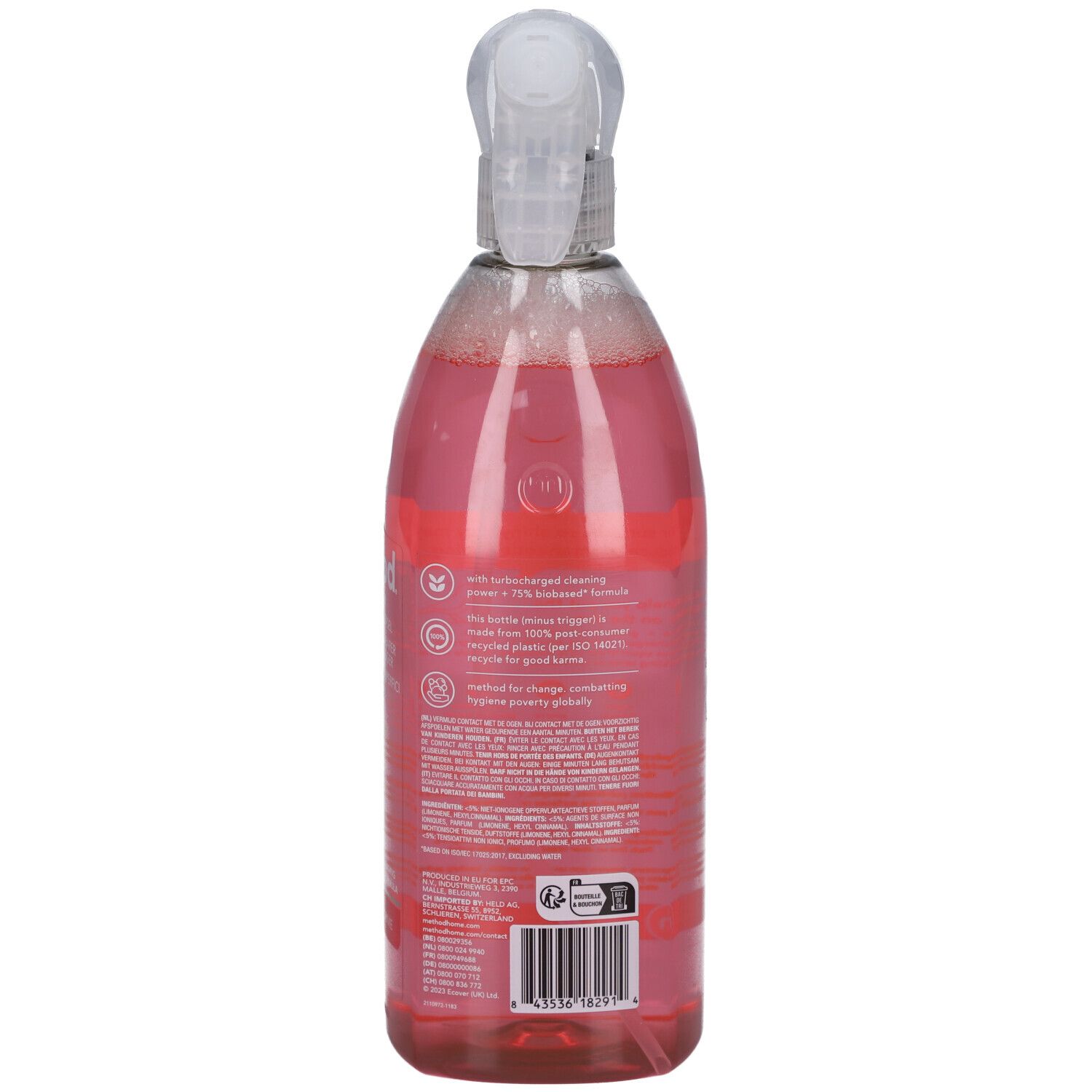 Achterkant van een roze spuitfles. Tekst: productinformatie, ingrediënten, recyclebaar.