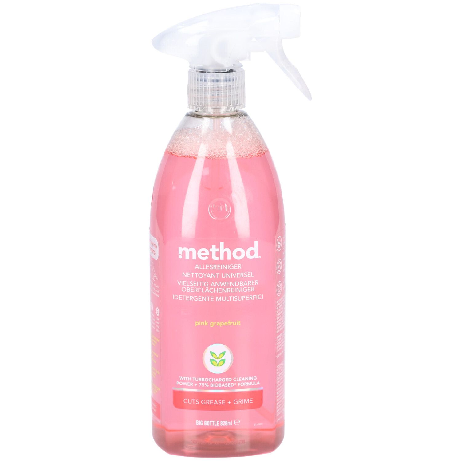 Roze sprayreiniger met sproeikop. Opschrift: method, Pink Grapefruit. Fles gevuld met vloeistof.