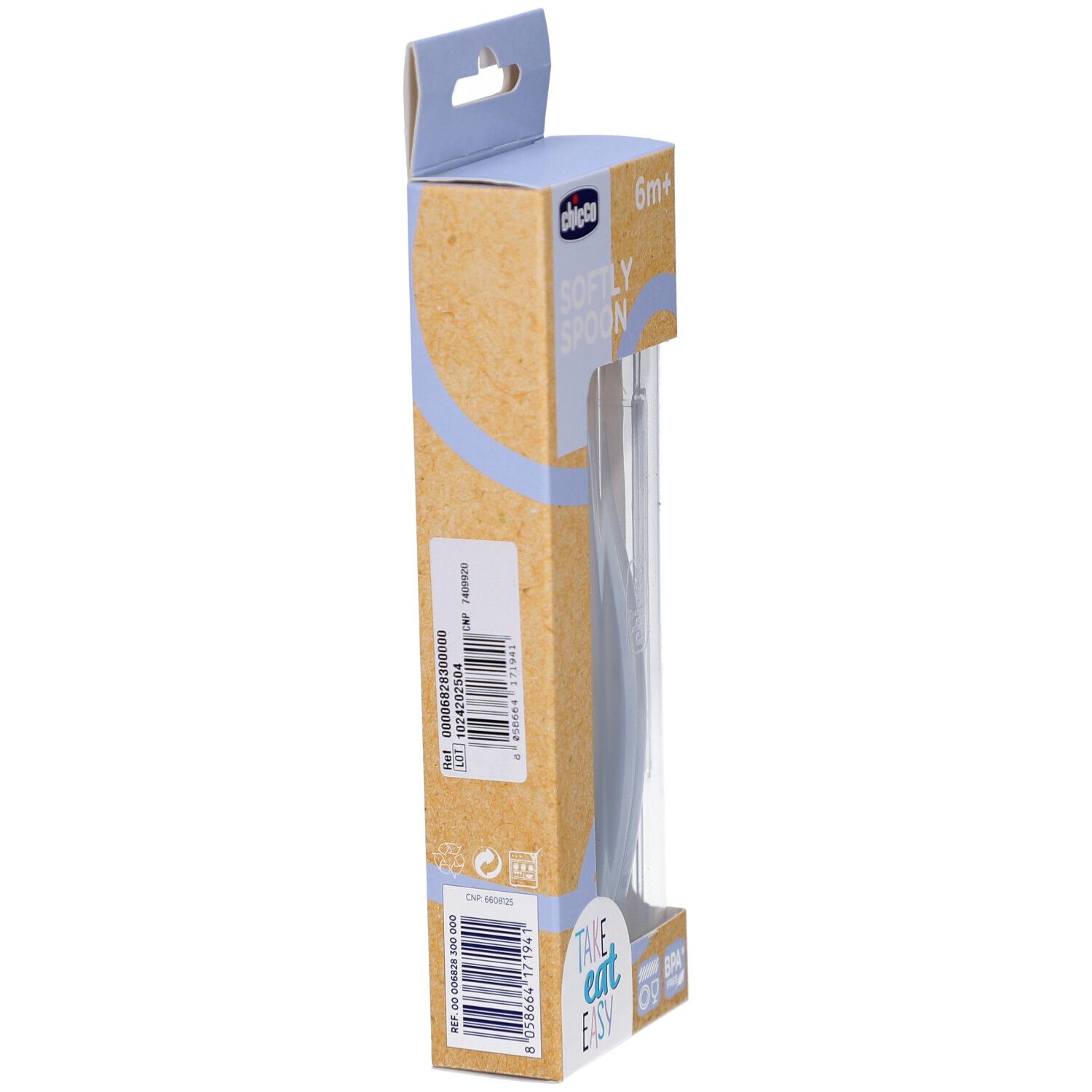 Zijaanzicht van de verpakking. Merk Chicco, Softly Spoon. Barcode, Made in Italy. BPA-vrij.