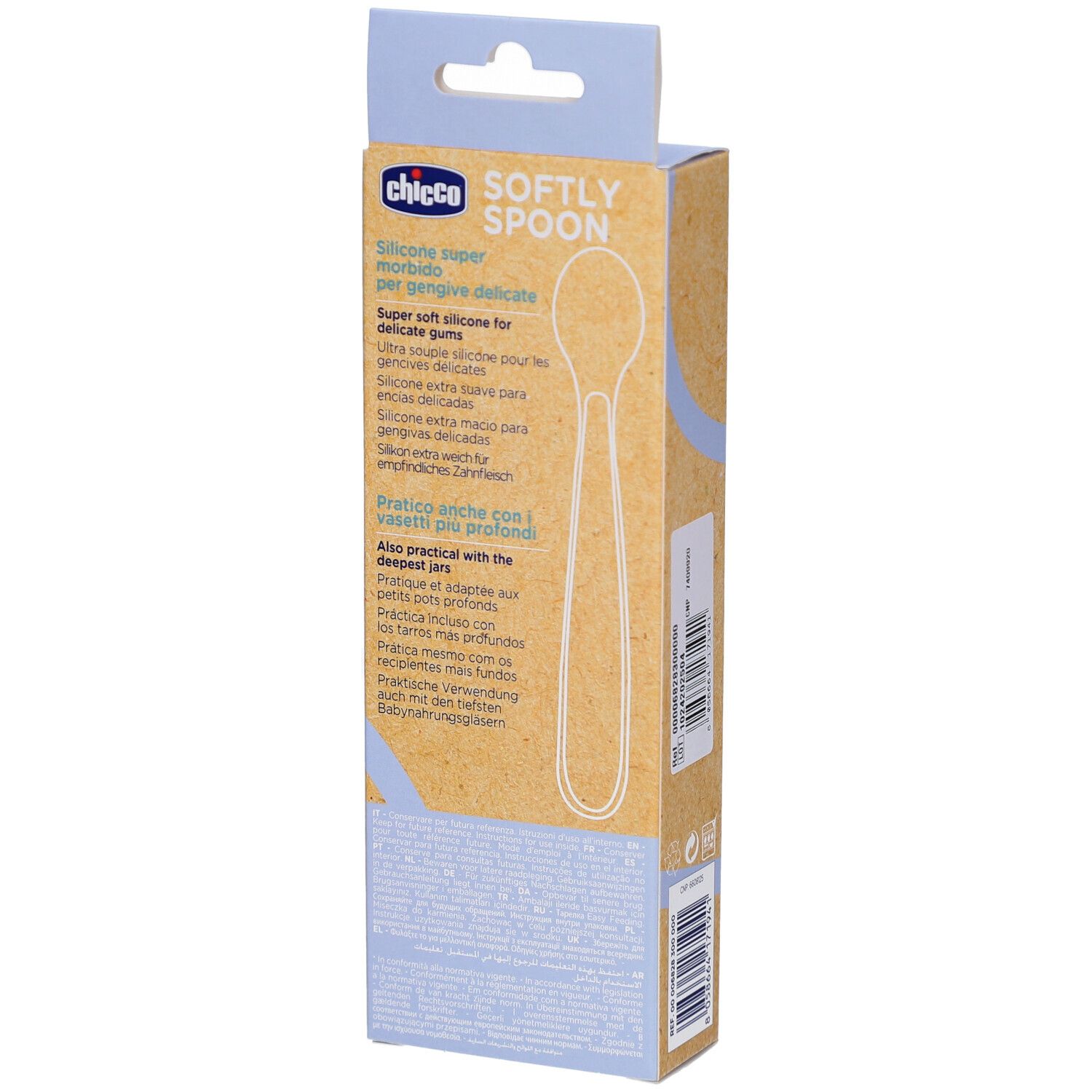 Achterkant van de verpakking. Merk Chicco, Softly Spoon. Meertalige beschrijving. BPA-vrij.