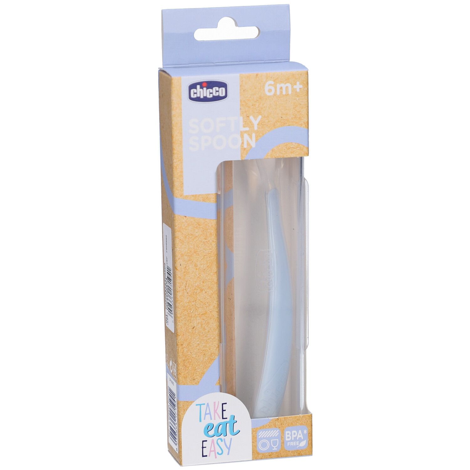 Verpakking met blauwe lepel. Merk Chicco, opschrift Softly Spoon, 6m+. Take Eat Easy. BPA-vrij.