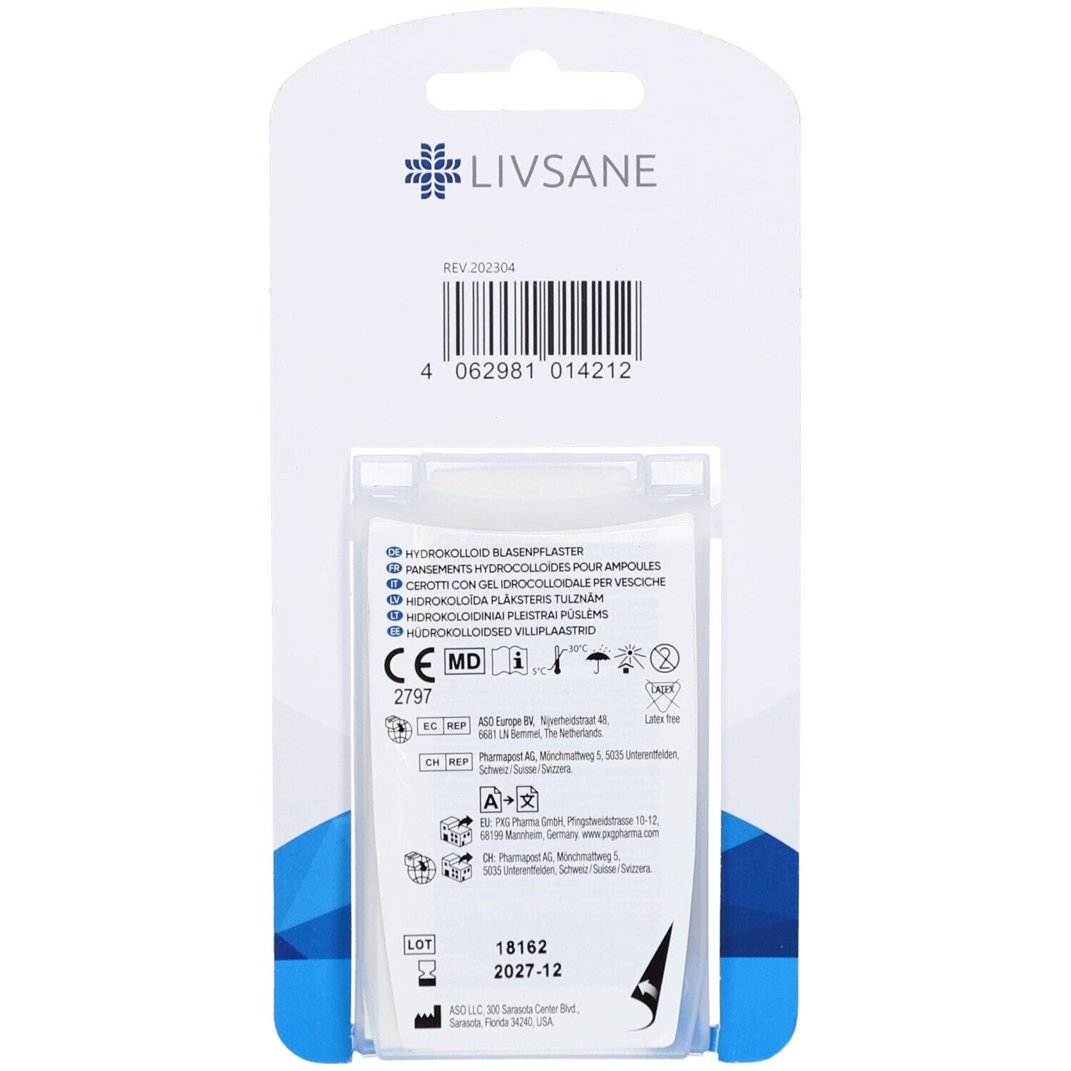 Dos de l'emballage des pansements hydrocolloïdes LIVSANE. Texte multilingue. Visibles : code-barres, marquage CE.